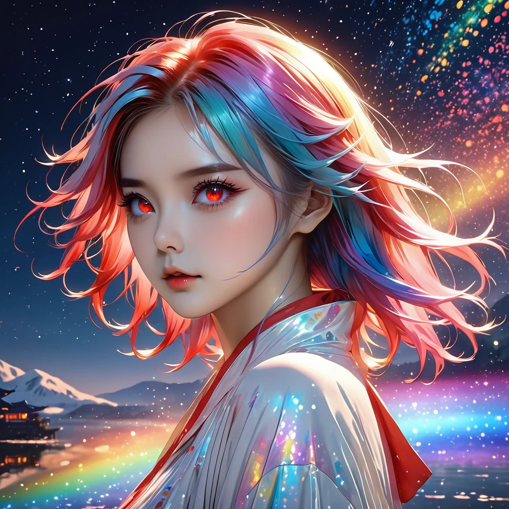 Girl,((((red color eyes))), (((bunny tail))), beautiful as a fairy, a melancholy expression that stirs affection, floating hair, light particles, glare, vivid, fancy, dreamlike, a dim atmosphere, adult, nude, full body, wet, ((anime style))),,(((cyber outfit))), (night sky), (((cyber backround))), masterpiece, Light focus , (Bright gradient watercolor :1.5, Lens Flare:1.5 , Glitter :1.5)、Glow , Dreamy , ((night background))、Grid illusion, Colorful, boy, (((night sky background:1.5,Psychic in the background:1.5))),((extremely detailed eye:1.5)),{{{Ultra 8K resolution}}},((masutepiece, of the highest quality, Beautiful and aesthetic: 1.2)),{{hyper detailed masterpiece: 1.7}}, {{Cinematic lighting}},(The hair Transparency:1.5）,(Light shades:1.5，light toned，Bright big aurora background:1.5、ming:1.5，Cold reflection:1.5，The edges of the object are reflected by a rainbow:1.5) 、(Golden ratio: 1.2), (Super Detail: 1.3), (Fractal Art: 1.3), {{{Glitter Pupil:1.25}}}) , ((rainbow-colored hair:1.2、colourful hair、Half blue and half pink hair:1.5,Shiny hair: 1.2)), (Heterochromia), (Hyper-detailing), ((delicate detail)), (intricate-detail), ((Cinematic Light, Highest quality backlight)), High contrast, {{{The best lighting, Very delicate and beautiful}}}, (( Cinematic Light)), (ray trace reflection, Glow), (((glowing aura)), {{{Glowing hair:1.25}}}, ((Super Detail)), (8K)), ((a closeup)), ((Brown skin)),(firmament:1.5),