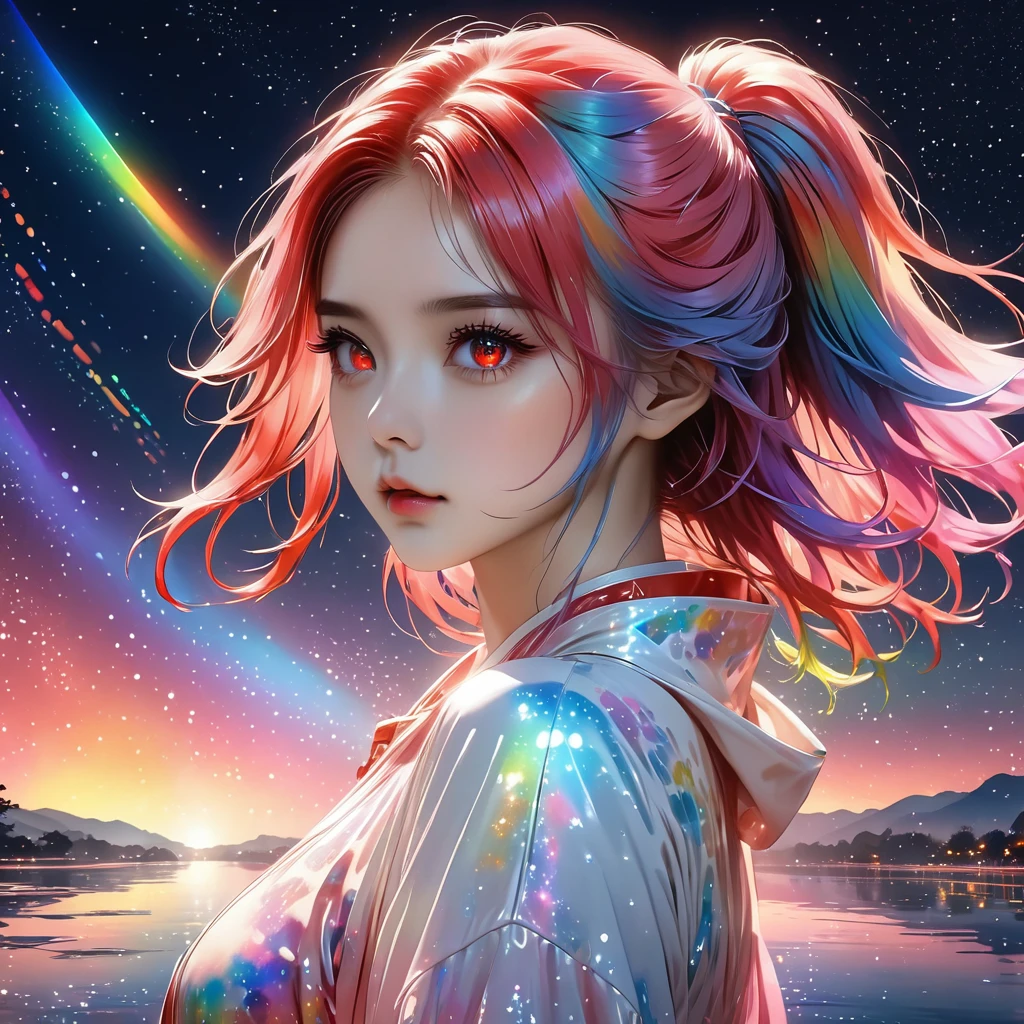 Girl,((((red color eyes))), (((bunny tail))), beautiful as a fairy, a melancholy expression that stirs affection, floating hair, light particles, glare, vivid, fancy, dreamlike, a dim atmosphere, adult, nude, full body, wet, ((anime style))),,(((cyber outfit))), (night sky), (((cyber backround))), masterpiece, Light focus , (Bright gradient watercolor :1.5, Lens Flare:1.5 , Glitter :1.5)、Glow , Dreamy , ((night background))、Grid illusion, Colorful, boy, (((night sky background:1.5,Psychic in the background:1.5))),((extremely detailed eye:1.5)),{{{Ultra 8K resolution}}},((masutepiece, of the highest quality, Beautiful and aesthetic: 1.2)),{{hyper detailed masterpiece: 1.7}}, {{Cinematic lighting}},(The hair Transparency:1.5),(Light shades:1.5,light toned,Bright big aurora background:1.5、ming:1.5,Cold reflection:1.5,The edges of the object are reflected by a rainbow:1.5) 、(Golden ratio: 1.2), (Super Detail: 1.3), (Fractal Art: 1.3), {{{Glitter Pupil:1.25}}}) , ((rainbow-colored hair:1.2、colourful hair、Half blue and half pink hair:1.5,Shiny hair: 1.2)), (Heterochromia), (Hyper-detailing), ((delicate detail)), (intricate-detail), ((Cinematic Light, Highest quality backlight)), High contrast, {{{The best lighting, Very delicate and beautiful}}}, (( Cinematic Light)), (ray trace reflection, Glow), (((glowing aura)), {{{Glowing hair:1.25}}}, ((Super Detail)), (8K)), ((a closeup)), ((Brown skin)),(firmament:1.5),