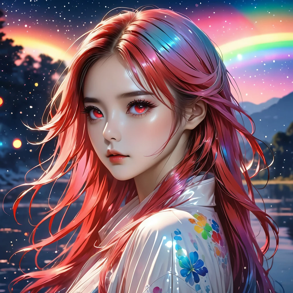 Girl,((((red color eyes))), (((bunny tail))), beautiful as a fairy, a melancholy expression that stirs affection, floating hair, light particles, glare, vivid, fancy, dreamlike, a dim atmosphere, adult, nude, full body, wet, ((anime style))),,(((cyber outfit))), (night sky), (((cyber backround))), masterpiece, Light focus , (Bright gradient watercolor :1.5, Lens Flare:1.5 , Glitter :1.5)、Glow , Dreamy , ((night background))、Grid illusion, Colorful, boy, (((night sky background:1.5,Psychic in the background:1.5))),((extremely detailed eye:1.5)),{{{Ultra 8K resolution}}},((masutepiece, of the highest quality, Beautiful and aesthetic: 1.2)),{{hyper detailed masterpiece: 1.7}}, {{Cinematic lighting}},(The hair Transparency:1.5）,(Light shades:1.5，light toned，Bright big aurora background:1.5、ming:1.5，Cold reflection:1.5，The edges of the object are reflected by a rainbow:1.5) 、(Golden ratio: 1.2), (Super Detail: 1.3), (Fractal Art: 1.3), {{{Glitter Pupil:1.25}}}) , ((rainbow-colored hair:1.2、colourful hair、Half blue and half pink hair:1.5,Shiny hair: 1.2)), (Heterochromia), (Hyper-detailing), ((delicate detail)), (intricate-detail), ((Cinematic Light, Highest quality backlight)), High contrast, {{{The best lighting, Very delicate and beautiful}}}, (( Cinematic Light)), (ray trace reflection, Glow), (((glowing aura)), {{{Glowing hair:1.25}}}, ((Super Detail)), (8K)), ((a closeup)), ((Brown skin)),(firmament:1.5),