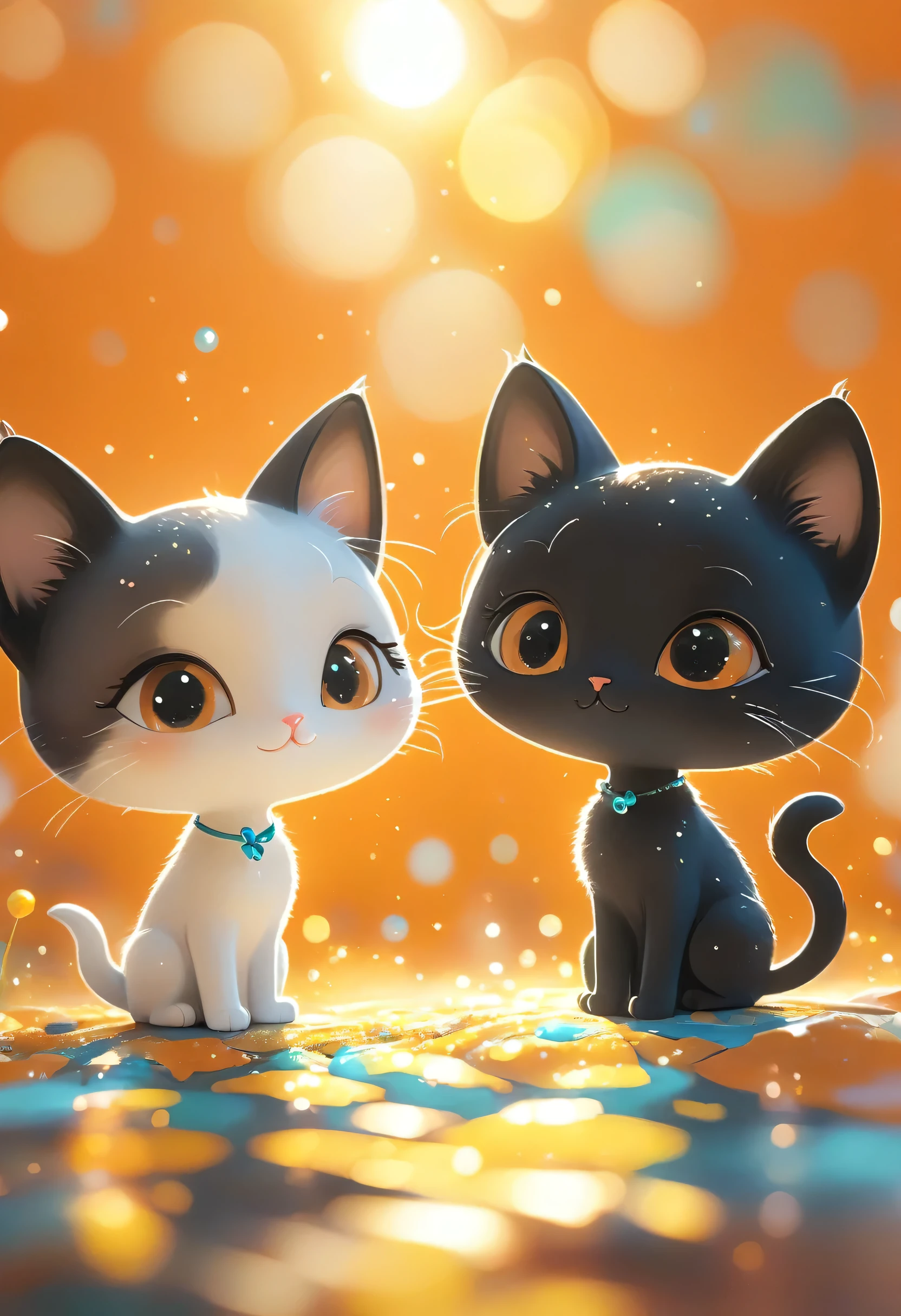 (masterpiece, Highest quality:1.2), Close-up of two cartoon cats on an orange background, Cute cats、Beautiful and detailed digital art, 4K High Resolution、Illustration wallpaper, Cute black cat、Blurred dream picture, 4K 、HD Wallpaper Illustration, Cute 3D rendering, Beautiful artistic illustration, 2D illustration, 2D illustration, Blurry dreamy illustration, Spectacular concept art. Bokeh、Depth of subject,  1qpnh1
