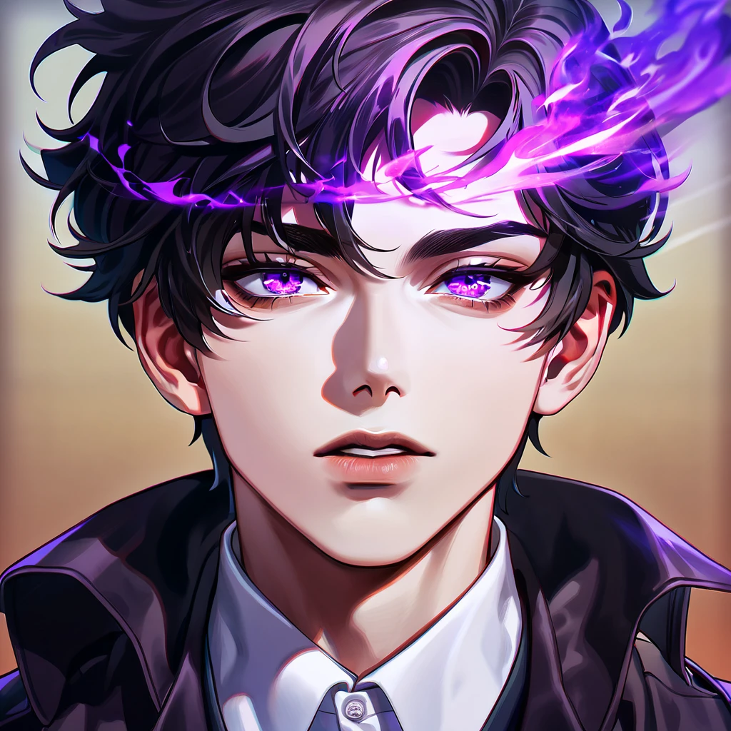 absurdres, highres, ultra detailed, HDR, masterpiece, extremely detailed face and eyes, Sung Jinwoo, solo leveling, black hair, expressive purple eyes, black coat, white shirt, purple moon, purple flames, solo, man, handsome