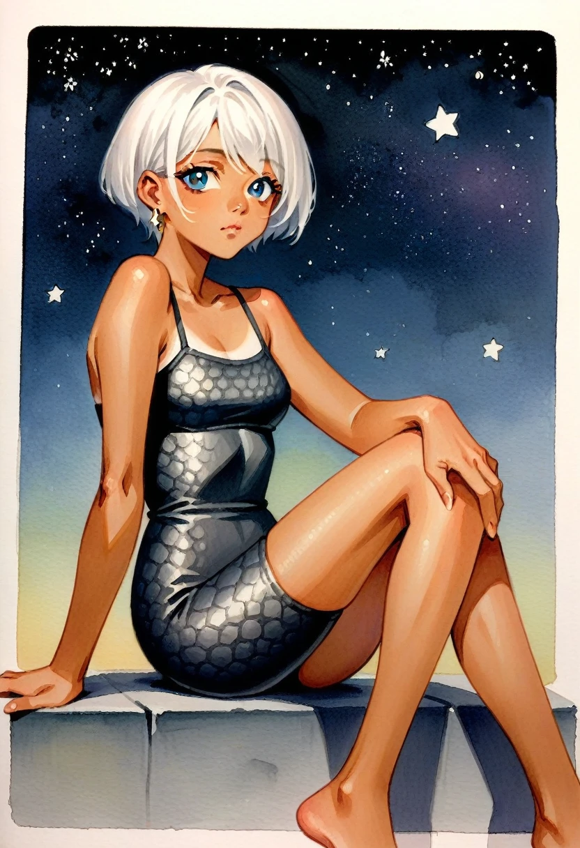 zPDXL2, score_9, score_8_up, score_7_up, source_anime, 1girl, solo, tanned skin, cute, blue eyes, white hair, short hair, bangs, earrings, legs, legs, medium drift, night, stars, seated, legs, sexy legs,
Picturesque, fake traditional media, realistic,
ToxicPunkAI 
ruanyi0735,spaghetti strap,bodysuit,animal print,python print, watercolor, ink