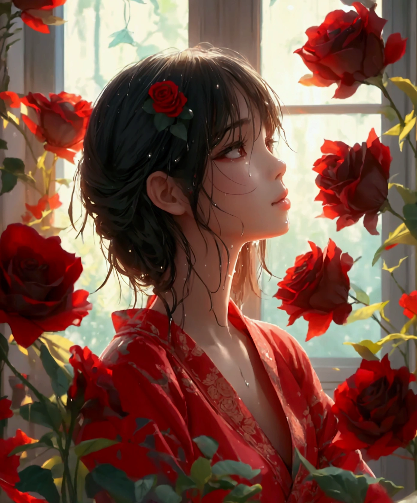 A gril surrounded by black roses, and the sunlight is streaming through the window, creating a warm and inviting atmosphere. She is wering her wet pajama, asia myanmar girl, realistic, best quality, photo-realistic 8k, (best quality:1.1), masterpiece, (realistic:1.1), photo-realistic