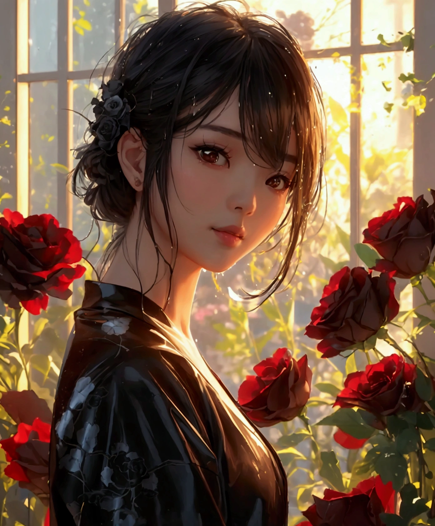 A gril surrounded by black roses, and the sunlight is streaming through the window, creating a warm and inviting atmosphere. She is wering her wet pajama, asia myanmar girl, realistic, best quality, photo-realistic 8k, (best quality:1.1), masterpiece, (realistic:1.1), photo-realistic