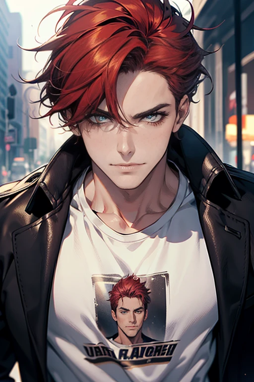 (tmasterpiece, high resolution, ultra - detailed:1.0), (1 male, masculine face), Perfect male body, Adult male, Delicate eyes and delicate face, Extremely detailed CG, Unity 8k wallpaper, Complicated details, Detailed face, (red hair, messy hair, serious faces, white T-shirt, 31 year), (frown,smile in love:1.3), hand in pocket, empresa corporativoa, CEO, black leather jacket, color difference, Depth of field, dramatic shadow, Ray tracing, Best quality, Cinematic lighting, offcial art,Portrait