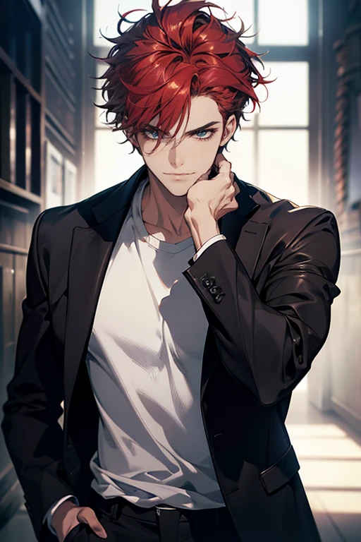 (tmasterpiece, high resolution, ultra - detailed:1.0), (1 male, masculine face), Perfect male body, Adult male, Delicate eyes and delicate face, Extremely detailed CG, Unity 8k wallpaper, Complicated details, Detailed face, (red hair, messy hair, serious faces, white T-shirt, 31 year), (frown,smile in love:1.3), hand in pocket, empresa corporativoa, CEO, black leather jacket, color difference, Depth of field, dramatic shadow, Ray tracing, Best quality, Cinematic lighting, offcial art,Portrait