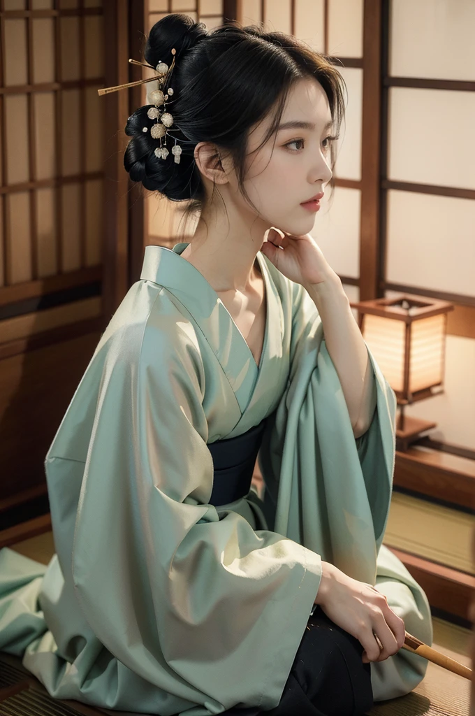 (((best quality))),(((ultra detailed))),(((masterpiece))),illustration,((1 beautiful Japanese girl,solo)),((slim,thin)),((small breasts,flat chest)),serene,melancholic,(rainy:1.3),(night scene:1.3),(in izakaya:1.3),(bun hair:1.2),(traditional kimono:1.3),cozy atmosphere,sipping drink,ethereal appearance,delicate features,expressive eyes,contemplation,numbs loneliness,intricate kimono patterns,billowing kimono,traditional beauty,graceful sitting pose,sliding doors,rainy alley,soft glow lanterns,warm ambiance,cigarette vapor,atmospheric haze,introspection,isolation,beauty in solitude,complex emotions,quiet moments,Drinking Alone,narrative,loneliness,yearning,inner peace,((from front,upper body))