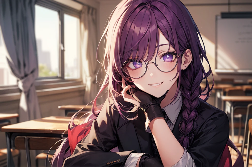 men's,single braid hair,violet colored hair,(Eye 1:2,Clear eyes,Elaborate Eyes,Delicate pupils,Good eyes,eye detailed),Face Focus,Adult,In black suit,best qualtiy,facial detailing,Classroom,sit on desk,sitting in the couch,lazy,Detailed background,diffuse sunlight,depth of fields,Studying Smiling at your desk, violet eyes,black gloves, round glasses, long sleeves,violet hair, smile,