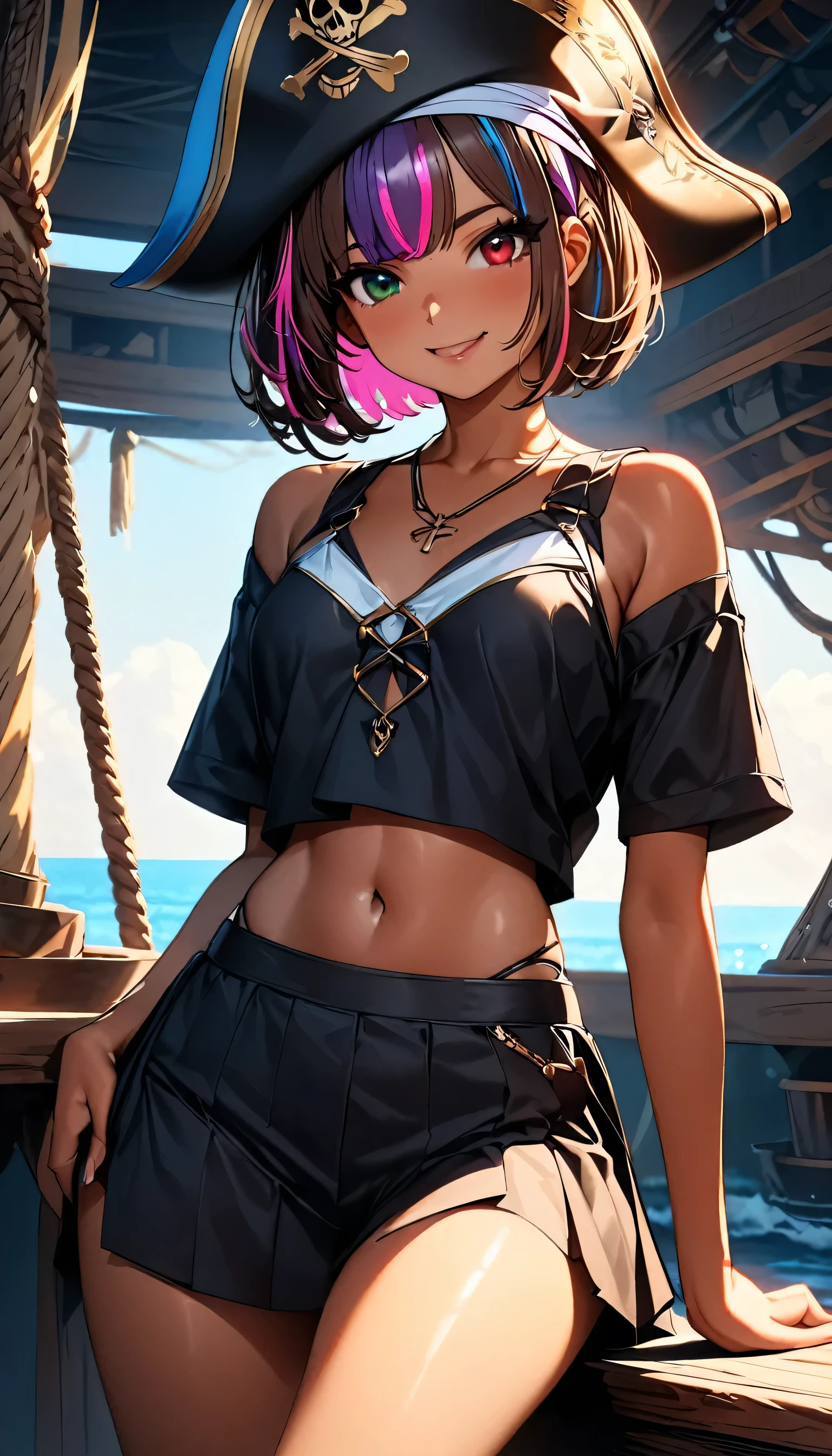 (highest quality:1.2, Very detailed, up to date, Vibrant, Ultra-high resolution, High Contrast, masterpiece:1.2, highest quality, Best aesthetics), Portraiture、girl、solo, (25-years-old:1), (slim:1), heterrochromia, green eye, red eye, Bright color,(female pirate:1), wearing sexy pirate costume, Jack Sparrow Style, wearing pirate hat, proud, grinning, cross-legged, on the ship, with a pirate ship, Beautiful fine details、Beautiful lip detail、extra short hair, ((bob cut:1.5))、pink and purple, ((streaked hair:1.9)), (highlights hair: 1.6), (medium breast:0.5), (tan skin:0.5), (crop top navel), looking at viewer, cowboy shot:1,