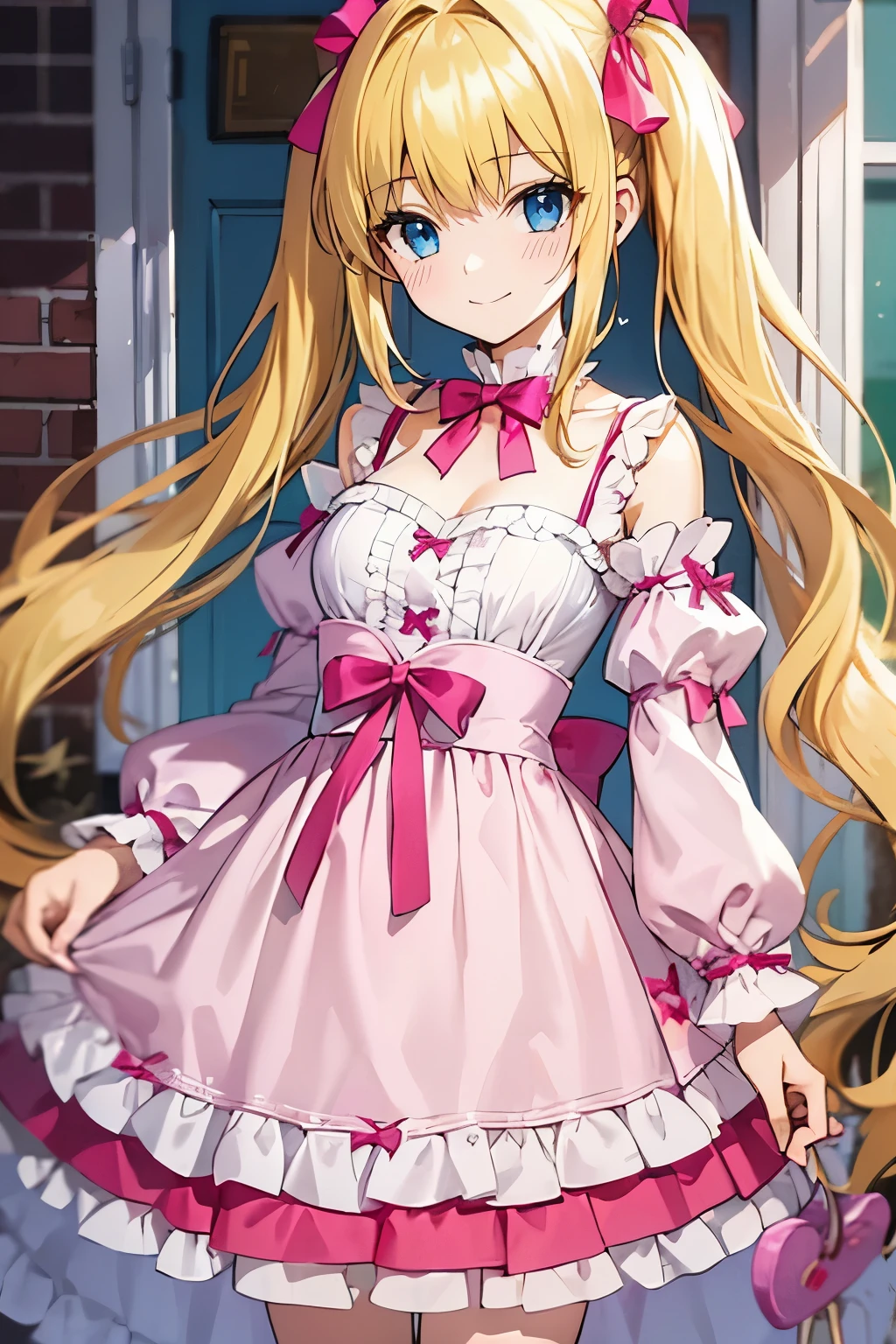 Safe for work, masterpiece, best quality, solo, 1 girl, cute girl, wholesome girl, (young female body:1.4), ( medium small breasts), cowboy shot, shy smile, flustered, yellow hair, thick wavy hair, extra long hair, hime cut, very blunt bangs, light blue eyes, detailed eyes, outside, ta fashion, pink red loliress, pigtails, cozy background, hot pink lolita d, ribbons, bows
