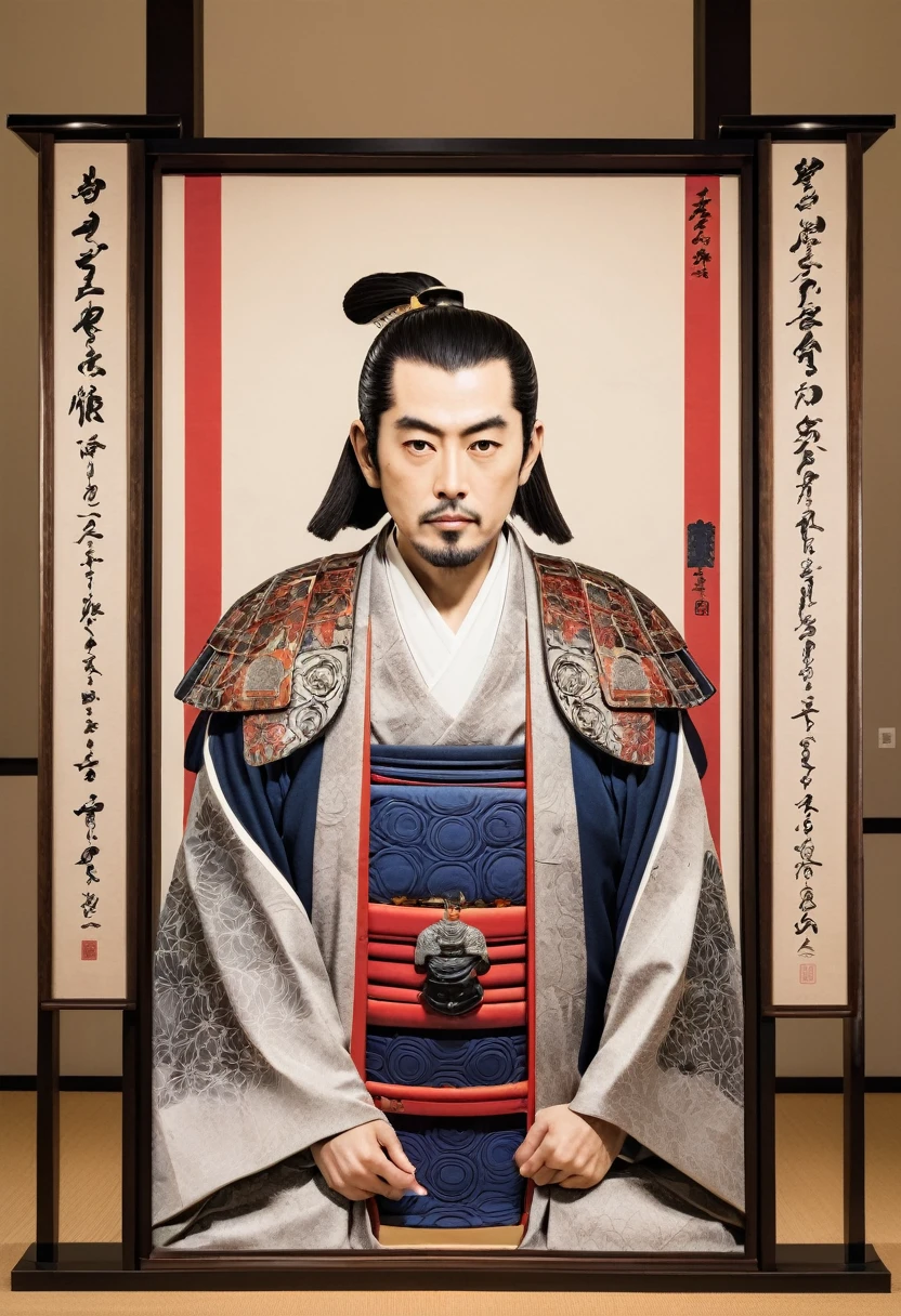 Akechi Mitsuhide's portrait framed by various symbolic elements from his life, such as a temple, samurai armor, and a scroll, inviting viewers to ponder his legacy.