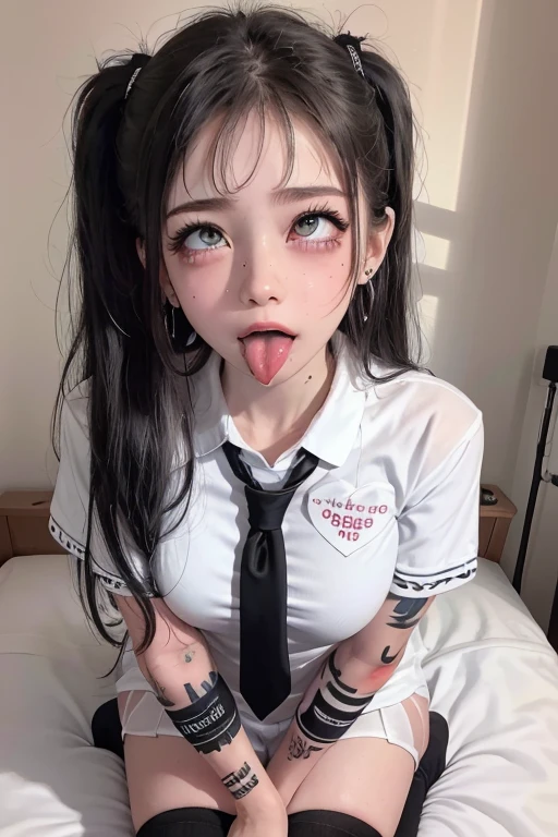 high quality, detailed,very wet,High school girl wearing very very wet and transparent short sleeve white shirt and a tie,plaid skirt,(wearing black overknee socks),a mole under the eye,(tounge out,tounge out tounge out),(blushing:1.4),the whole body,the whole body,she has a lot of earrings,tattoo,tattoo,detailed background,in the health room,ecstasy,orgasm,tattoo,on the bed,she has fancy nails