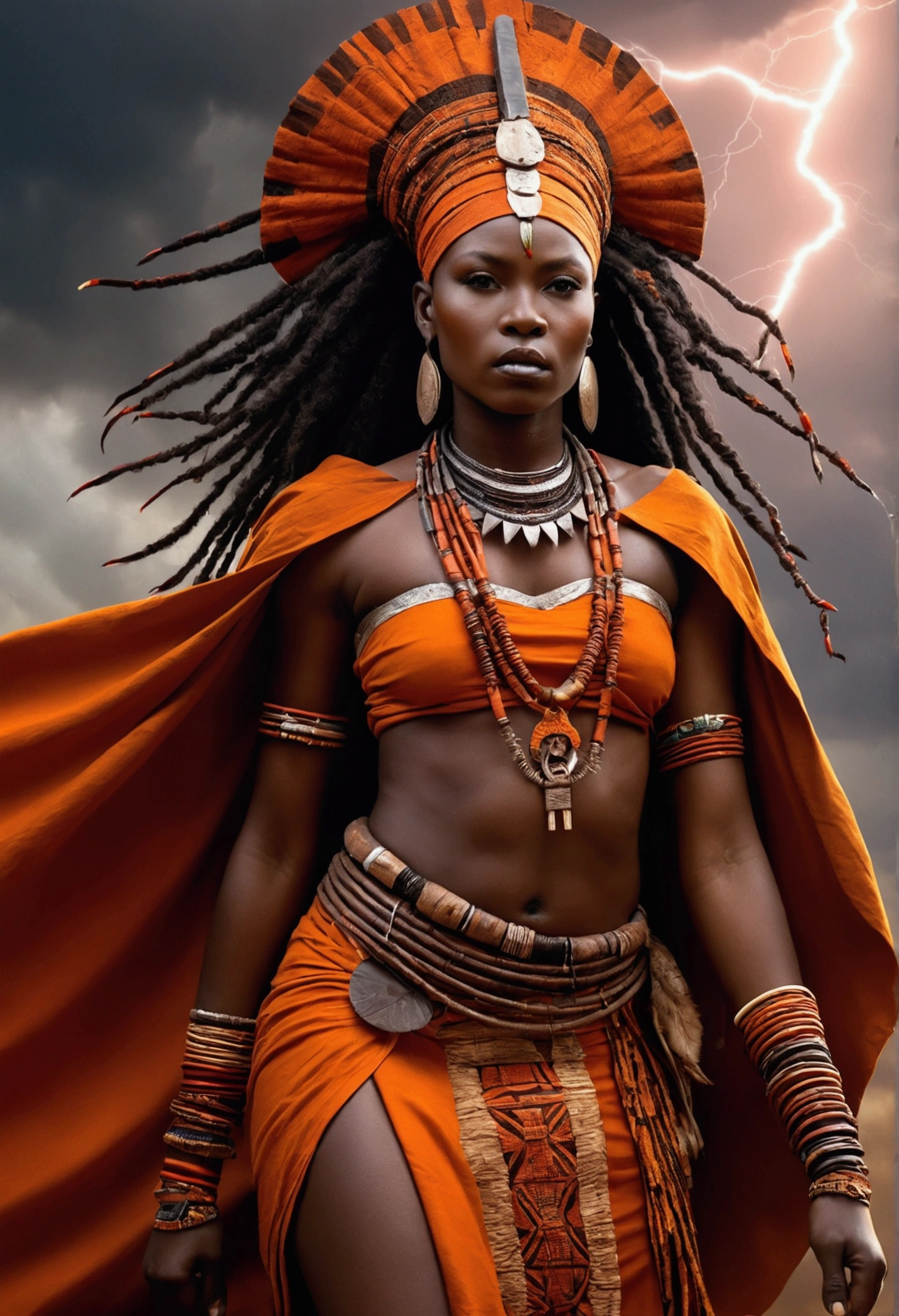 Iansã, African warrior queen, flowing beauty, flowing orange and red robes, beautiful, lightning and thunder in the background, whip in hand, imposing, determined, a buffalo at her side, bodies with traditional African paintings with specific ritualistic symbols and patterns as used in the Odwira festival. Mystical mythological style, power and magic, high quality, photorealistic, cinematic, 8k, intricate details, Afrofuturistic masterpiece