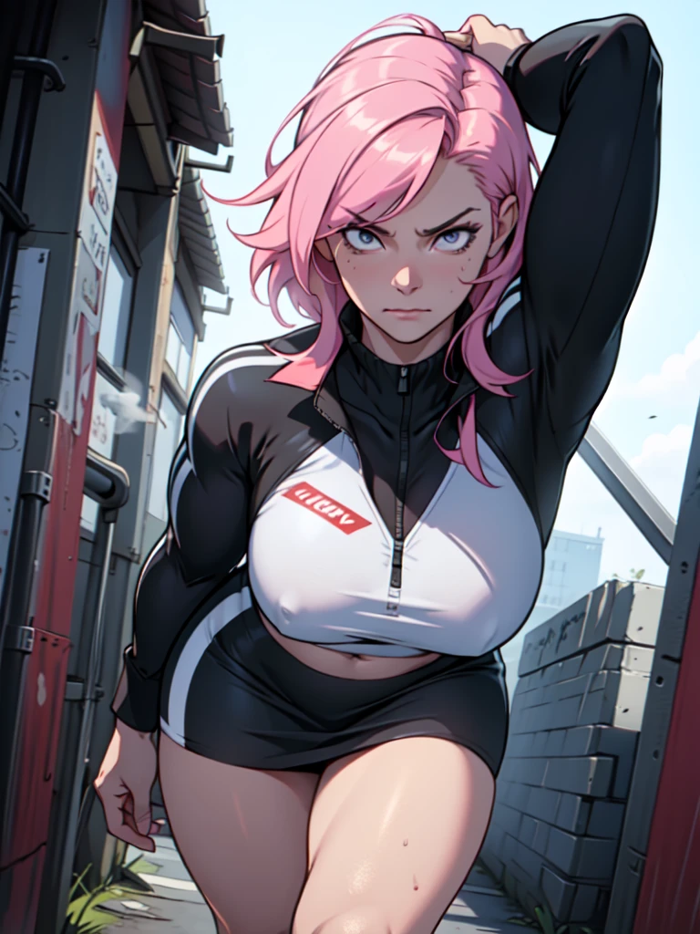 (best qualityer,4K,8k,high resolution,work of art:1.2),ultra detali,(realisitic,photorealisitic,photo-realisitic:1.37), 1mature woman, 35 year old, Ice seasoning, pink hair, ready to fight, purple and white mini skirt, intense expression, plain white background, cold environment, steam rising, dynamic movement, confident attitude, cold atmosphere, Assassin outfit, big, pointy breasts