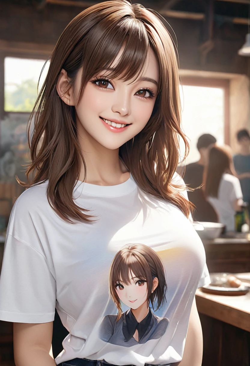 Smiling woman, ((K-POP)), Front view, Brown eyes, Brown hair, Parted bangs, Large breasts, White T-shirt, (Masterpiece: 1.2, Highest quality), (Ultra definition, Ultra high definition), 4K, (8K), Realistic,

