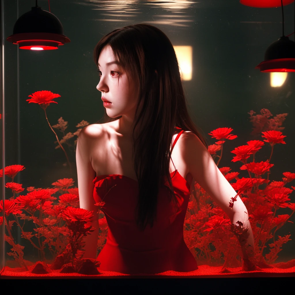 backlight dramatic night photography, night scene, 40 years japanese slender pretty women, pale face, curve body, very messy brown hair, wearing red flower mini dress, posing inside red glass aquarium display, red lamp source of light, sensual make up, epicrealism, film dramatic realism, pre-raphaelite realism, low tone photography, hard focus realism --ar 36:61 --stylize 750 --v6