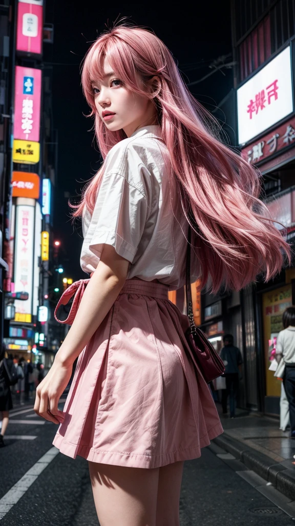 Tokyo, Kabukicho, Long hair fluttering in the wind, Pink Hair, HD, skirt