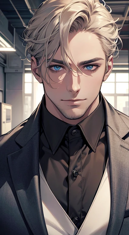 (best quality,4k,8k,highres,masterpiece:1.2),ultra-detailed,(realistic,photorealistic,photo-realistic:1.37),1 man,31 years old,mature man,very handsome,without expression,smile,short grey golden hair,blue eyes,penetrating gaze,perfect face without errors,imposing posture,businessman,office background,cinematic lighting,hdr image