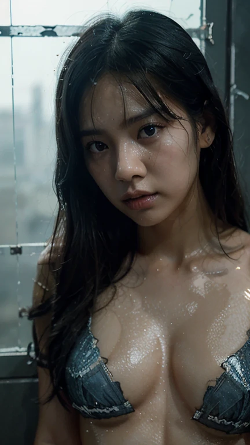A photo that captures a dramatic and haunting scene of a korean woman's bare face, a hint of sweat visible on her skin, natural lips color, with blue eyes color, unkempt black hair visible through shattered glass, the glass grating into irregular shapes, with the light reflecting off the jagged edges, the woman's expression it's charming and intense, with her eyes staring into the distance, the background dark and slightly blurred, emphasizing the shattered glass and the woman's features.
Fog and water drops visible in the glass, mysterious atmosphere, chiarosuro, octane rendering
