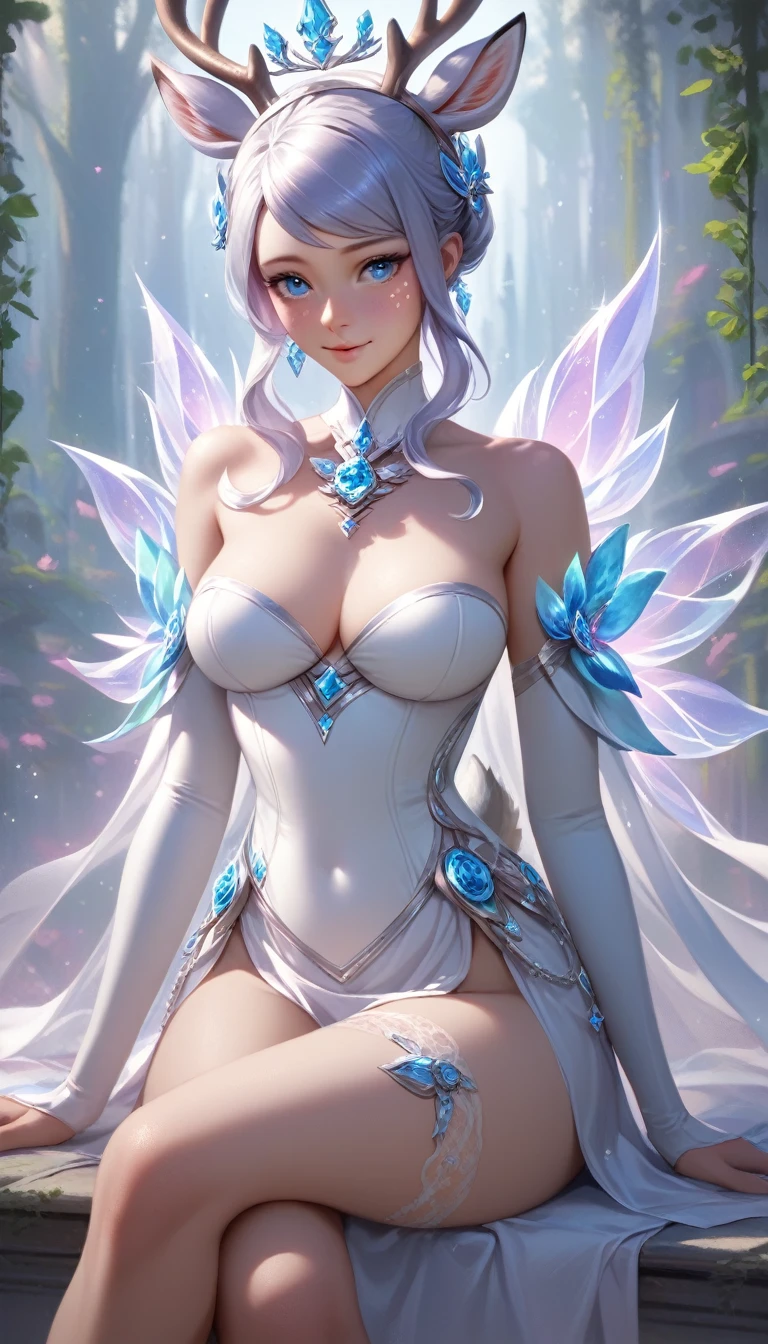 Surreal photos,Seven-Colored Deer Guardian,High-resolution photos,Huge and beautiful seven-colored deer,A peaceful and dreamy scene,A woman in a princess dress sits next to a giant seven-colored deer,The woman is very sexy,Detailed facial details,The background is a magical forest full of spirituality,Create a soft and ethereal atmosphere。The overall composition is beautiful