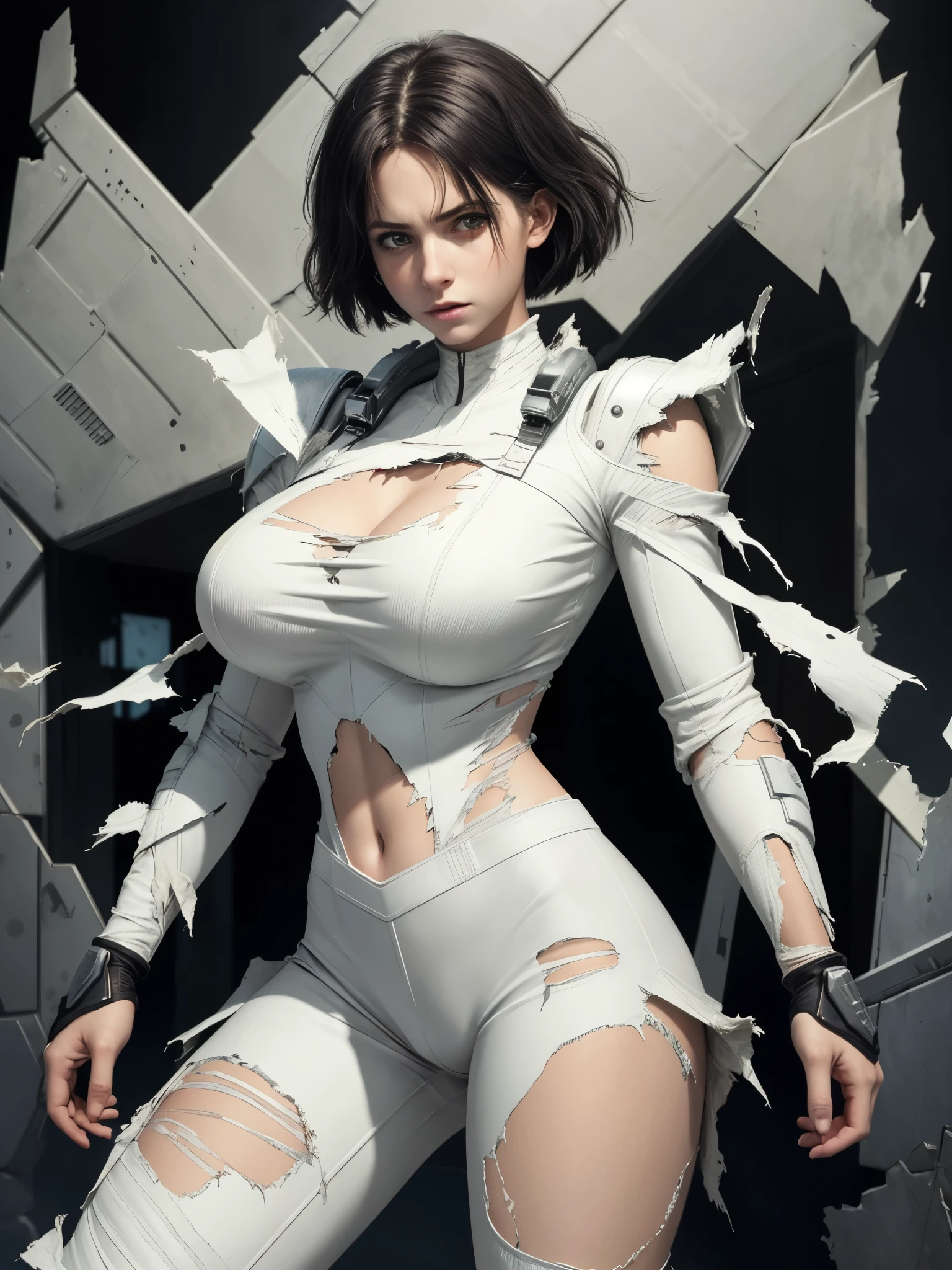 1girl, gigantic breasts, skin tight battle suit armor, futuristic, sci-fi, magitech, dynamic stance, dusty landscape, best image quality, masterpiece, super high resolution, (fidelity:1.4), photo, white outfit, (torn outfit:1.3), despair, cinematic,