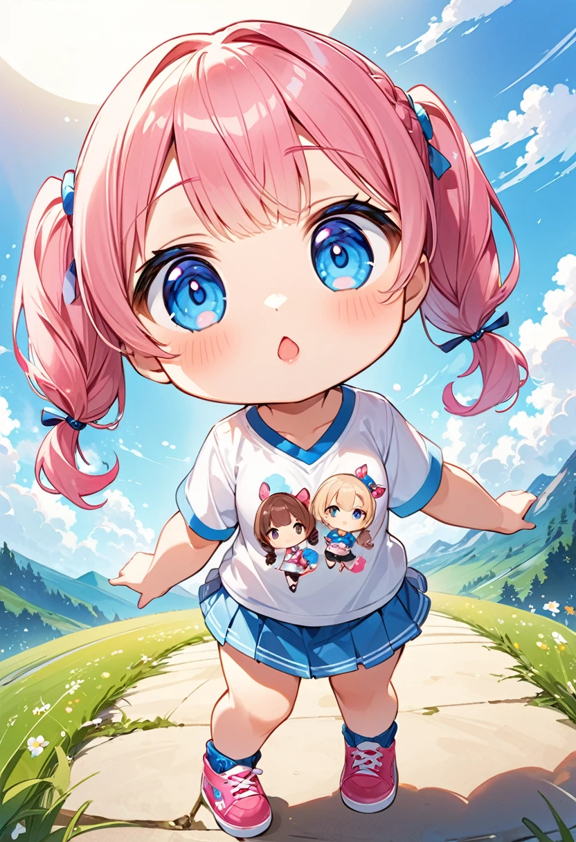 Highest quality、High resolution、Detailed Background、Beautiful face in every detail、Anatomically correct、Detailed facial expressions、fine grain、((full body, from below, side view)), ((One Girl:1.2)、(Chibi Girl:1.2))、Cute hair color、Big beautiful blue eyes、Fuller lips、Pink Lips、Braided twin tails、(Cute T-Shirts、Vneck、mini skirt、Cute Shoes)、break grassland、((Lying face down、rest one's chin on one's hand))、((Ride the slime:1.2))、I'm tired and very sleepy、(Sleeping with both eyes closed:1.2)、Happy expression、((Big yawn))、Close-up of the mouth、(The background is a flower field、sunset)
