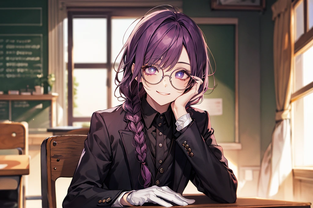 men's,single braid hair,violet colored hair,(Eye 1:2,Clear eyes,Elaborate Eyes,Delicate pupils,Good eyes,eye detailed),Face Focus,Adult,In black suit,best qualtiy,facial detailing,Classroom,sit on desk,sitting in the couch,lazy,Detailed background,diffuse sunlight,depth of fields,Studying Smiling at your desk, violet eyes,black gloves, round glasses, long sleeves,violet hair, smile,