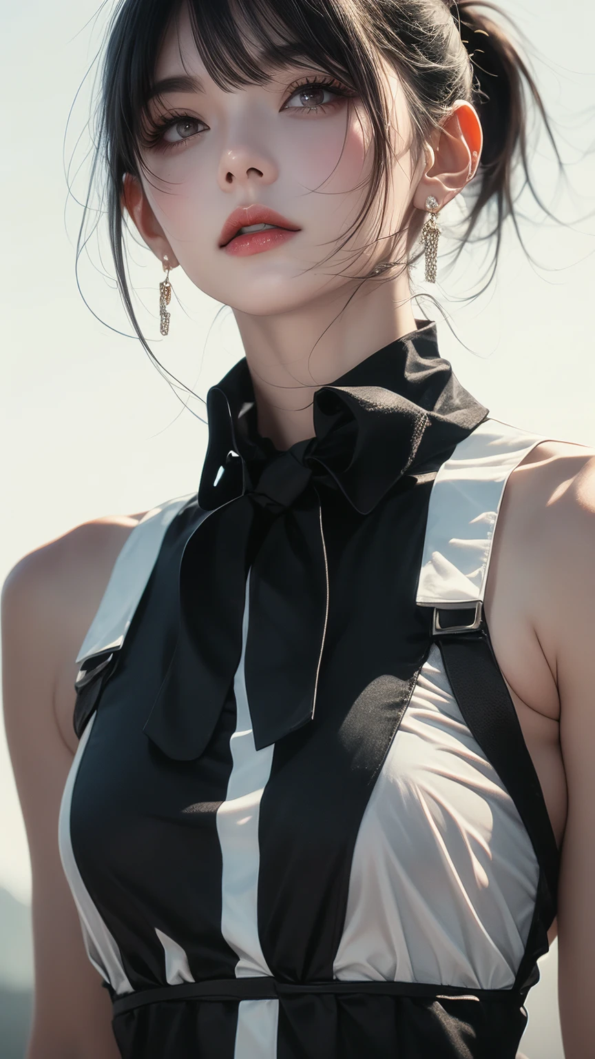 Girl's profile picture, black medium hair with bangs, high ponytail, red eyes, white shirt, black necktie, harness, earrings, sleeveless , realistic skin texture, detailed picture, upper body, HD32k, looking at viewer, dramatic shadows, vivid lighting, soft sunlight,