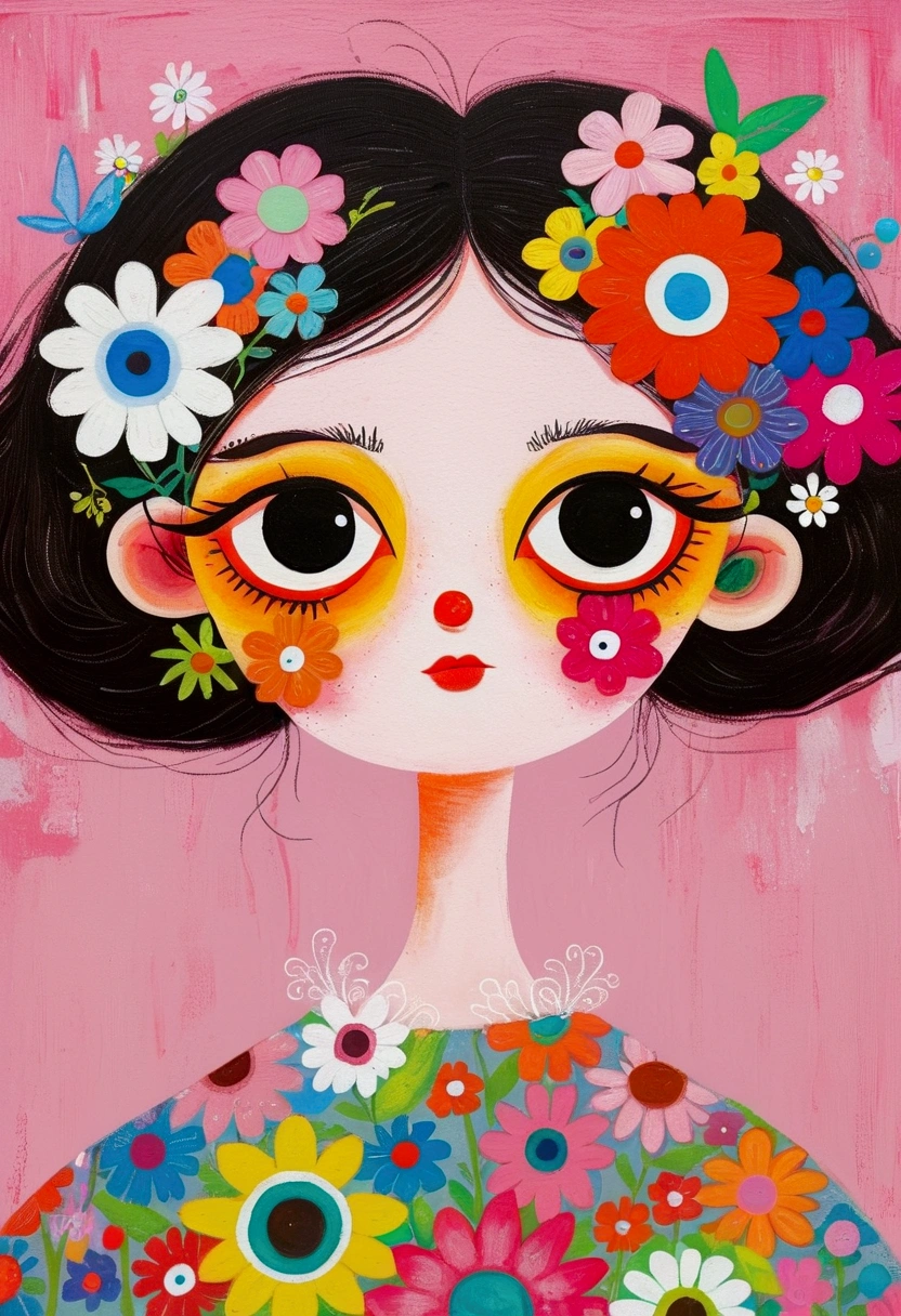 (((Childish Art，Pastel Painting，Oil stick painting，Thick coating，Texture)))：There is a person in the painting wearing a flowery dress、A woman with flowers in her eyes, big Pink Eyes, Inspired by Takashi Murakami, Inspired by Takashi Murakami, Inspired by Haruki Murakami, Inspired by Victor Brauner, Whimsical and psychedelic, Color illustrations, Psychedelic illustration, Watercolor illustration, Portrait of a mysterious giant eye, Colored eyes, big eyes, Pink Eyes