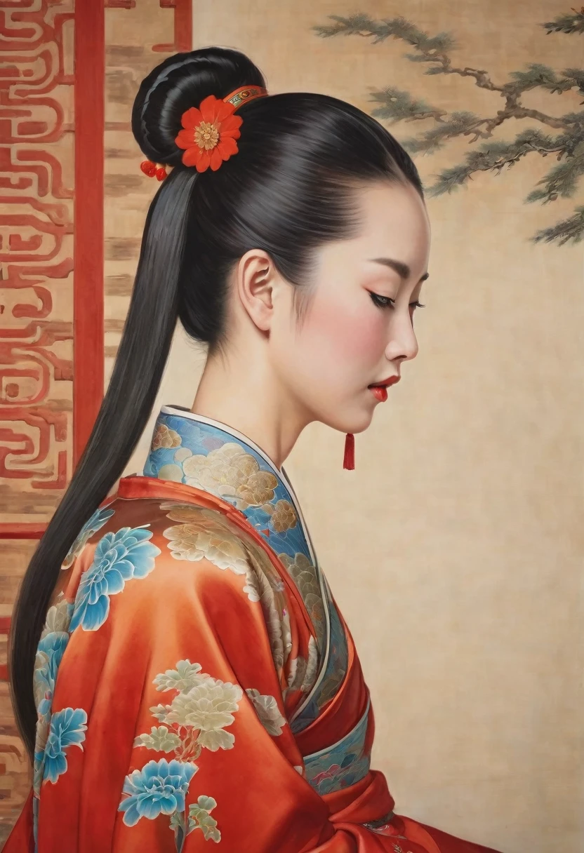 A side view of a Chinese empress, seen from close up on her buttocks. The background is a room in a Chinese palace during the Qing dynasty. She is sleeping in red Hanfu, with only her large buttocks sticking out. She is either wearing underwear or not, and her protruding buttocks are floating up.　　　　　　　　　　　　　　　　　　　　　　　　　　　　　　 Her hair is decorated with a large, flashy flower.　 The back of the hair is tied up and up.　Erotic Woman