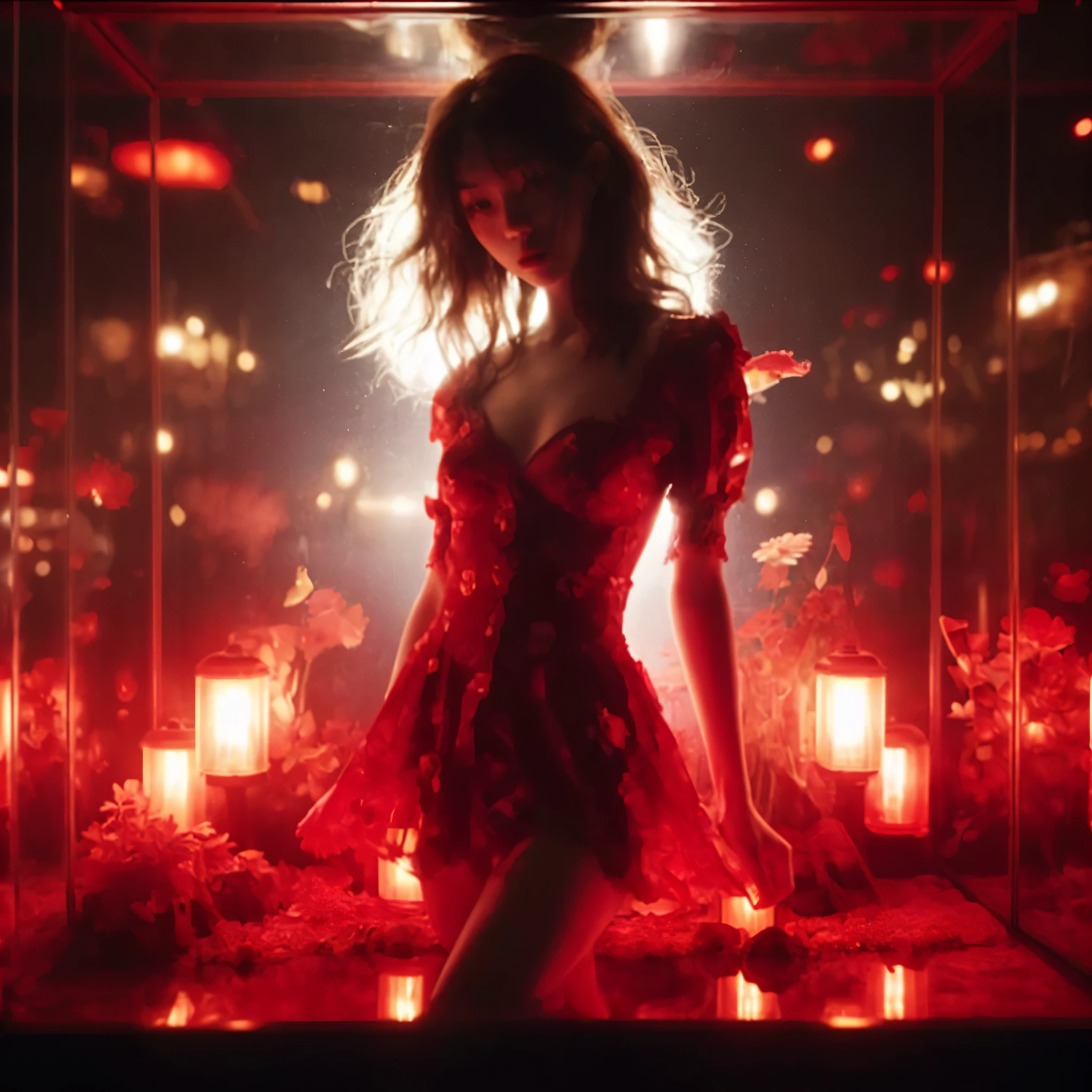 backlight dramatic night photography, night scene, 40 years japanese slender pretty women, pale face, curve body, very messy brown hair, wearing red flower mini dress, posing inside red glass aquarium display, red lamp source of light, sensual make up, epicrealism, film dramatic realism, pre-raphaelite realism, low tone photography, hard focus realism --ar 36:61 --stylize 750 --v6