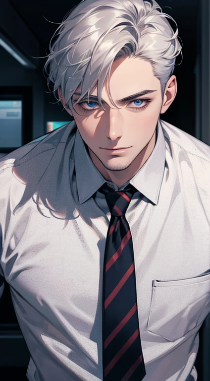 (best quality,4k,8k,highres,masterpiece:1.2),ultra-detailed,(realistic,photorealistic,photo-realistic:1.37),1 man,31 years old,mature man,very handsome,without expression,smile,short silver hair,blue eyes,penetrating gaze,perfect face without errors,imposing posture,businessman,office background,cinematic lighting,hdr image