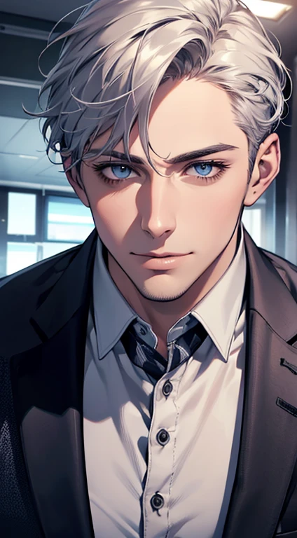 (best quality,4k,8k,highres,masterpiece:1.2),ultra-detailed,(realistic,photorealistic,photo-realistic:1.37),1 man,31 years old,mature man,very handsome,without expression,smile,short silver hair,blue eyes,penetrating gaze,perfect face without errors,imposing posture,businessman,office background,cinematic lighting,hdr image