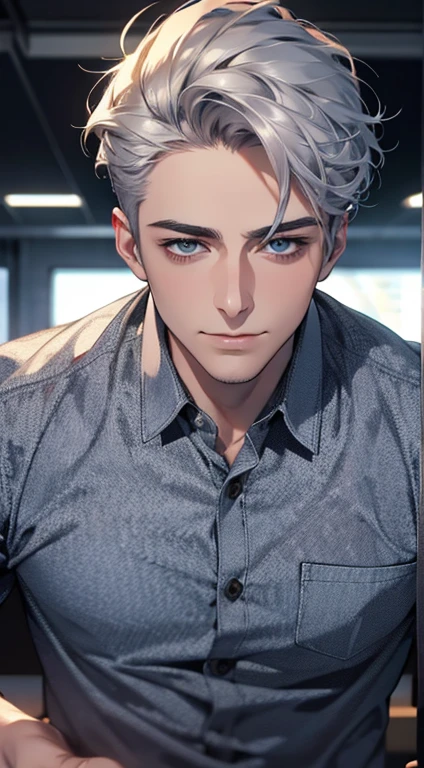(best quality,4k,8k,highres,masterpiece:1.2),ultra-detailed,(realistic,photorealistic,photo-realistic:1.37),1 man,31 years old,mature man,very handsome,without expression,smile,short silver hair,blue eyes,penetrating gaze,perfect face without errors,imposing posture,businessman,office background,cinematic lighting,hdr image