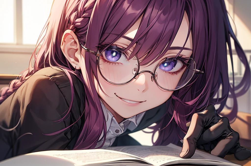 men's,single braid hair,violet colored hair,(Eye 1:2,Clear eyes,Elaborate Eyes,Delicate pupils,Good eyes,eye detailed),Face Focus,Adult,In black suit,best qualtiy,facial detailing,Classroom,sit on desk,sitting in the couch,lazy,Detailed background,diffuse sunlight,depth of fields,Studying Smiling at your desk, violet eyes,black gloves, round glasses, long sleeves,violet hair, smile,