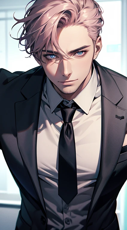 (best quality,4k,8k,highres,masterpiece:1.2),ultra-detailed,(realistic,photorealistic,photo-realistic:1.37),1 man,31 years old,mature man,very handsome,without expression,smile,short grey pink hair,blue eyes,penetrating gaze,perfect face without errors,imposing posture,businessman,office background,cinematic lighting,hdr image
