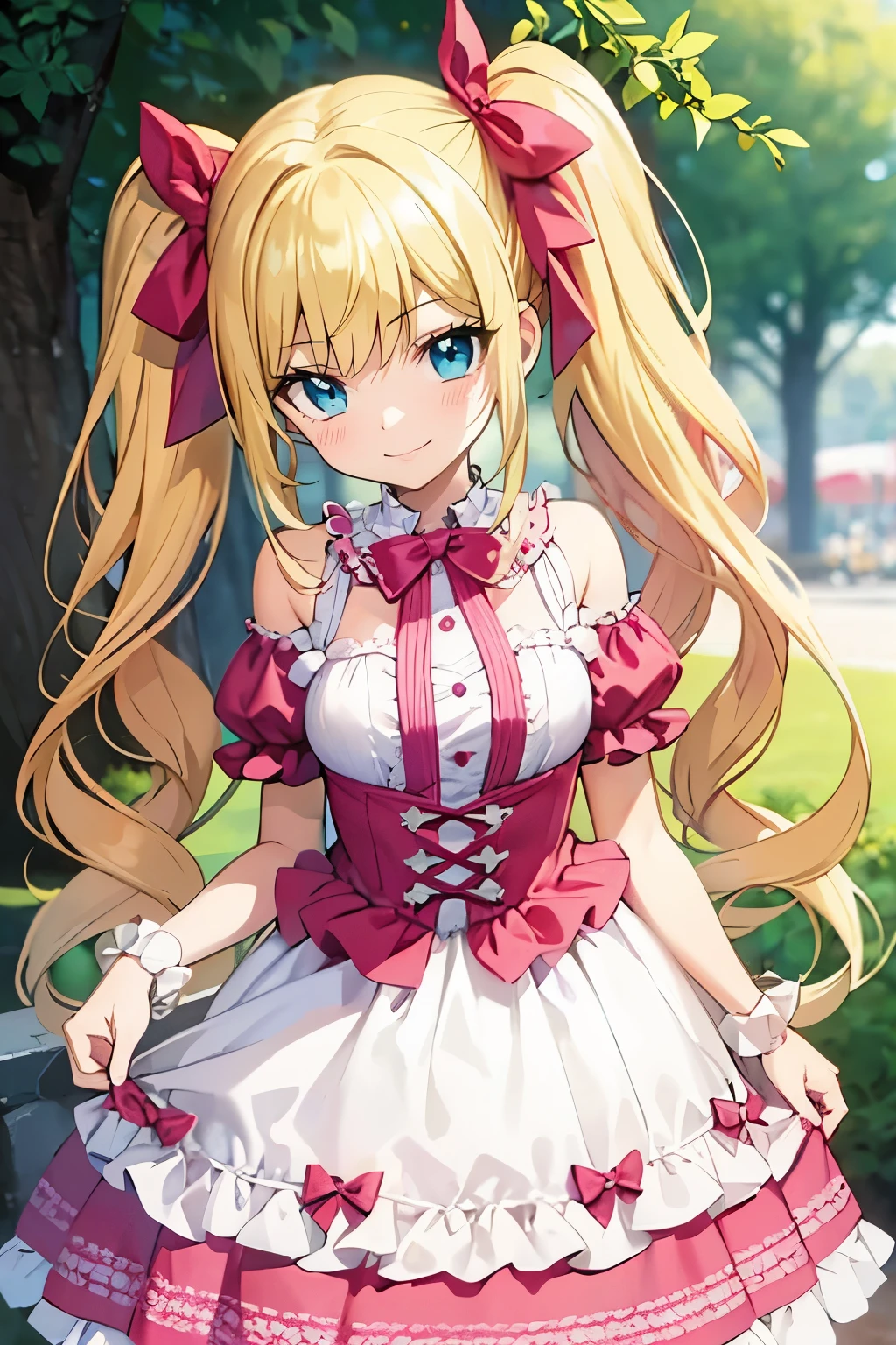 Safe for work, masterpiece, best quality, solo, 1 girl,  cute girl, wholesome girl, (young female body:1.4), ( medium small breasts), cowboy shot, shy smile, flustered, yellow hair, thick wavy hair, extra long hair, hime cut, very blunt bangs, light blue eyes, detailed eyes, outside, lolita fashion, dark pink red lolita dress, pigtails, cozy background, hot pink lolita dress, ribbons, bows