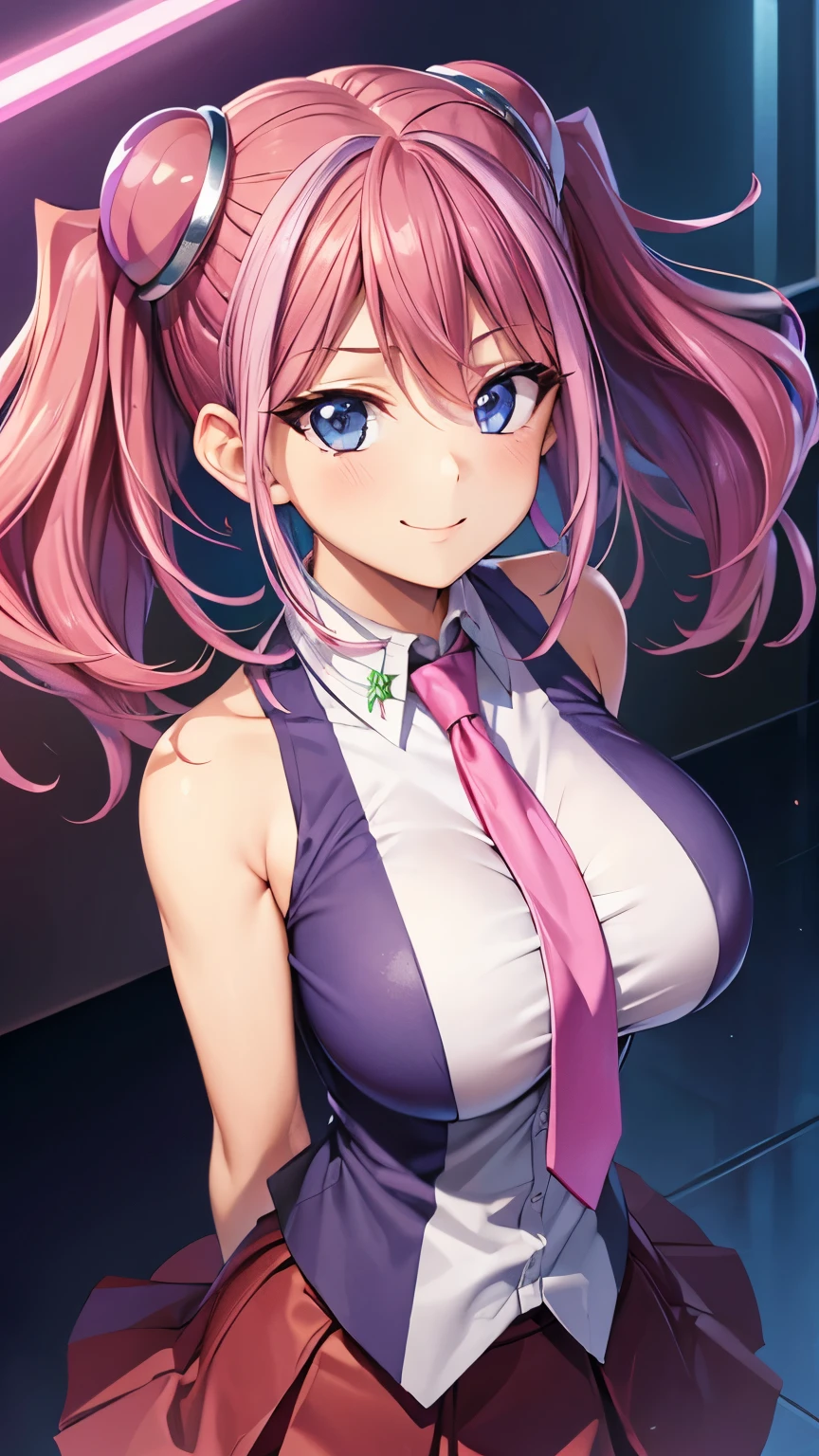 masterpiece, best quality, highres, hy1, hair ornament, multicolored hair, necktie,pink skirt,tight skirt, miniskirt ,sleeveless, , jewelry, ,smile,big tits  ,looking at viewer,top view,(standing), bracelet, Cyber city,pink neon lights,((perfect face)),perfect body, perfect , high definition,blush,((upper body))