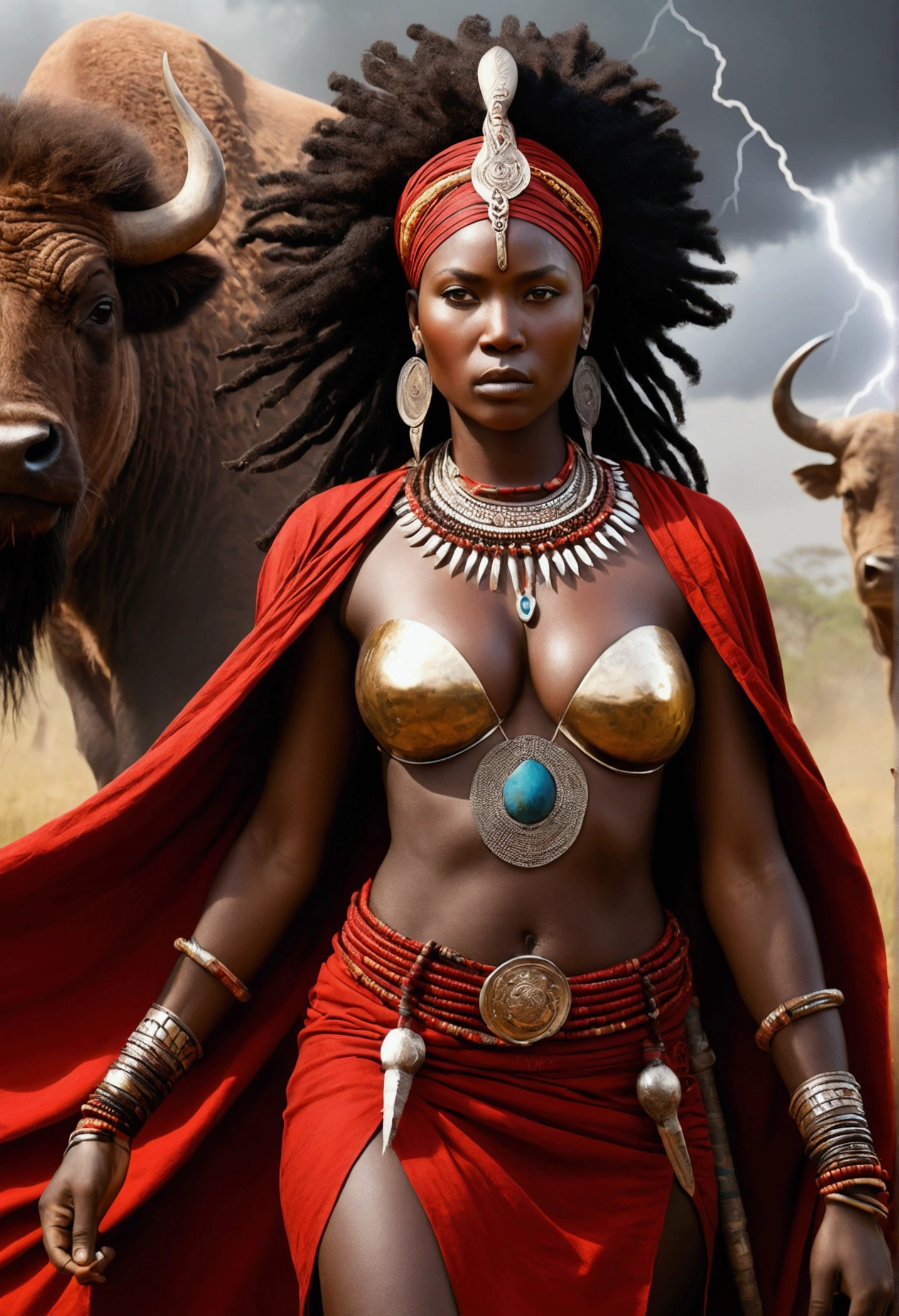 Iansã, African warrior queen, flowing beauty, red flowing robes, beautiful, large breasts: 1.3, lightning and thunder in the background, whip in hand, imposing, determined, a buffalo at her side, bodies with traditional African paintings with specific ritualistic symbols and patterns as used in the Odwira festival. Mystical mythological style, power and magic, high quality, photorealistic, cinematic, 8k, intricate details, Afrofuturistic masterpiece