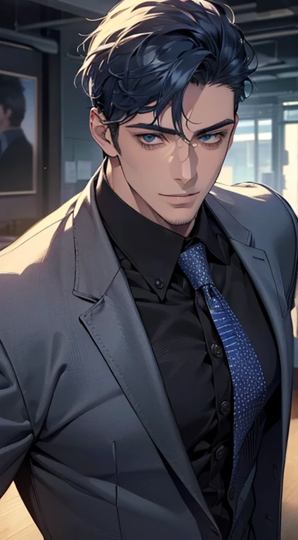 (best quality,4k,8k,highres,masterpiece:1.2),ultra-detailed,(realistic,photorealistic,photo-realistic:1.37),1 man,31 years old,mature man,very handsome,without expression,smile,short blue hair,blue eyes,penetrating gaze,perfect face without errors,imposing posture,businessman,office background,cinematic lighting,hdr image