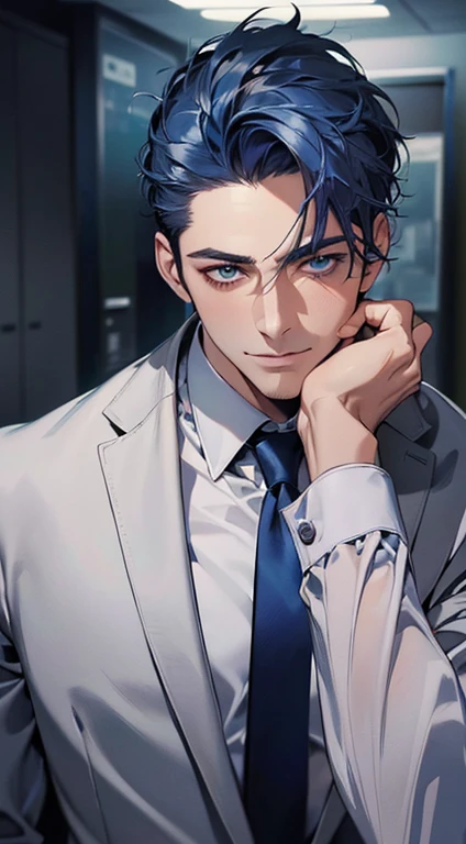 (best quality,4k,8k,highres,masterpiece:1.2),ultra-detailed,(realistic,photorealistic,photo-realistic:1.37),1 man,31 years old,mature man,very handsome,without expression,smile,short blue hair,blue eyes,penetrating gaze,perfect face without errors,imposing posture,businessman,office background,cinematic lighting,hdr image