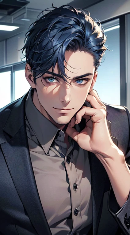 (best quality,4k,8k,highres,masterpiece:1.2),ultra-detailed,(realistic,photorealistic,photo-realistic:1.37),1 man,31 years old,mature man,very handsome,without expression,smile,short blue hair,blue eyes,penetrating gaze,perfect face without errors,imposing posture,businessman,office background,cinematic lighting,hdr image