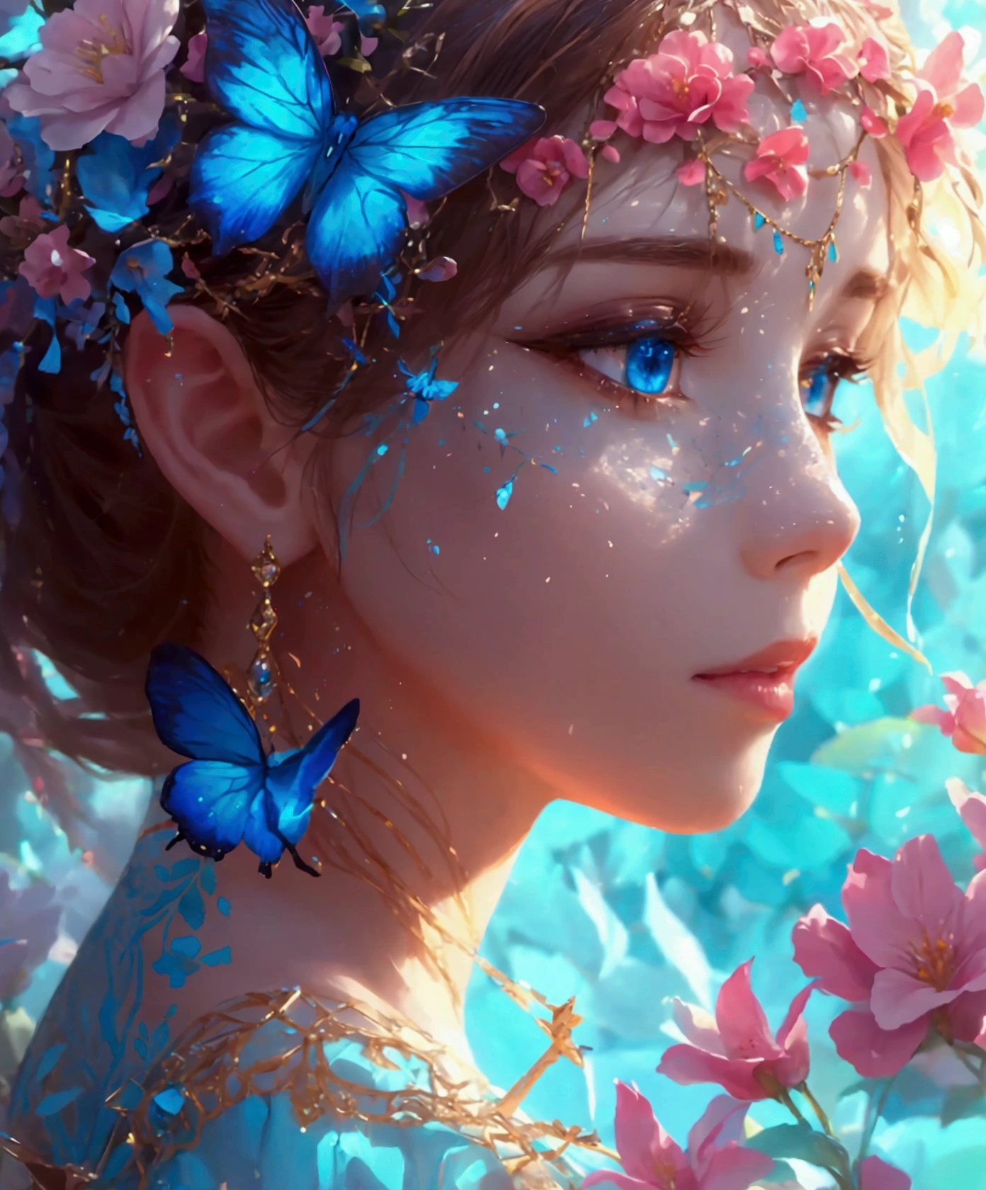 This artwork is like a dream.、It is a mythical fantasy style, Fantastic fantasy world、A dreamy landscape surrounded by flowers、A beautiful fairy dances、A flower paradise depicted in photo-like art、sparkling flowers々A beautiful scene where blue butterflies dance against a dreamy background、blue butterfly flower々The beauty of fantasy dances through photo-like art、beautiful detailed eyes, beautiful and fine eyes, And realistic eyes. Include fantasy details, Enhanced details, Iridescence, And colorful glitter. Pay special attention to her face、Make sure it's beautifully and realistically detailed. 8K, Complex, elegant, very detailed, majestic, digital photography, HDR, ((realistic skin texture)), Close-up of the woman's upper body