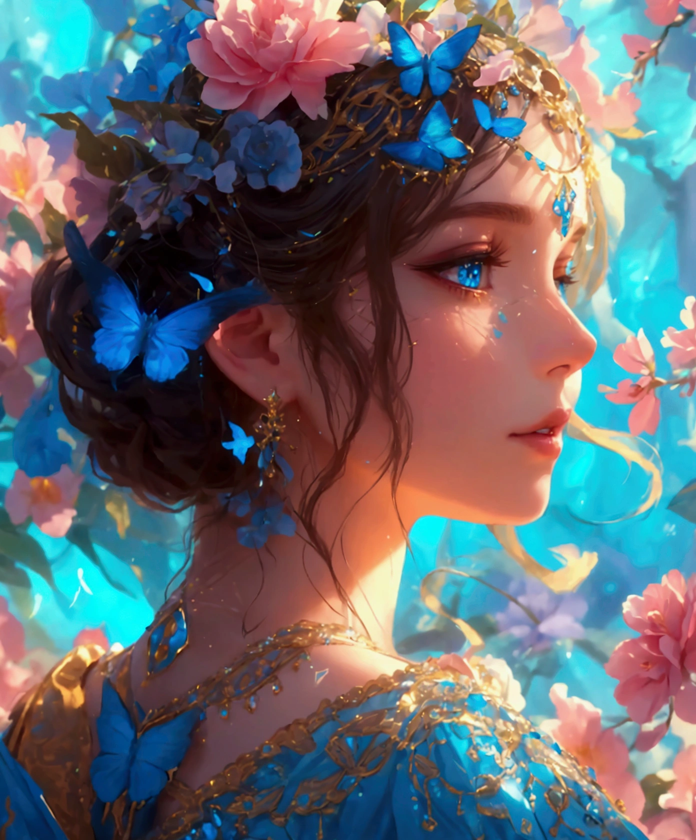 This artwork is like a dream.、It is a mythical fantasy style, Fantastic fantasy world、A dreamy landscape surrounded by flowers、A beautiful fairy dances、A flower paradise depicted in photo-like art、sparkling flowers々A beautiful scene where blue butterflies dance against a dreamy background、blue butterfly flower々The beauty of fantasy dances through photo-like art、beautiful detailed eyes, beautiful and fine eyes, And realistic eyes. Include fantasy details, Enhanced details, Iridescence, And colorful glitter. Pay special attention to her face、Make sure it's beautifully and realistically detailed. 8K, Complex, elegant, very detailed, majestic, digital photography, HDR, ((realistic skin texture)), Close-up of the woman's upper body