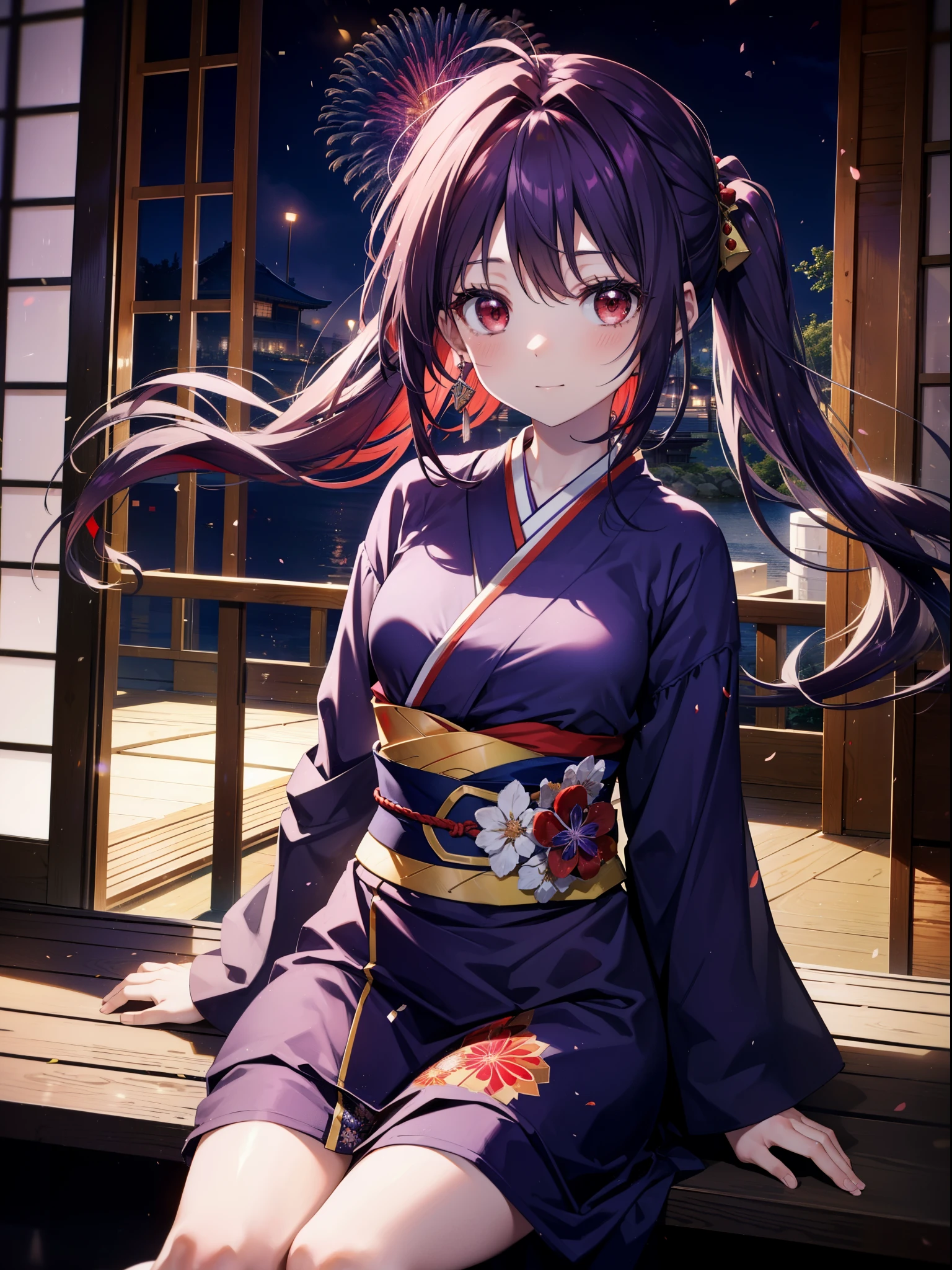 yuukikonno, Yuuki Konno, hair band, Long Hair, Pointed Ears, Purple Hair, Ahoge,(Red eyes:1.5), (Small breasts:1.2),low twin tail,smile,blush,Open your mouth,Purple Kimono,Purple long skirt,Fireworks in the night sky,Fireworks,The place is a fireworks display,Time is night,sunny day,Sitting on a bench,A triangular piece of red watermelon is placed on a plate on a bench.,Wind Chimes,whole bodyがイラストに入るよう,
break looking at viewer, , whole body, (Cowboy Shot:1. 5)
break indoors, Veranda,Japanese garden,
break (masterpiece:1.2), Highest quality, High resolution, unity 8k wallpaper, (figure:0.8), (Beautiful attention to detail:1.6), Highly detailed face, Perfect lighting, Highly detailed CG, (Perfect hands, Perfect Anatomy),