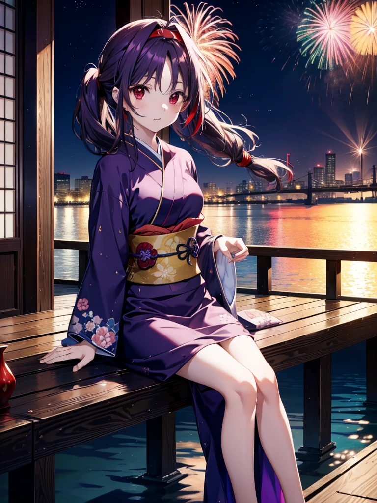 yuukikonno, Yuuki Konno, hair band, Long Hair, Pointed Ears, Purple Hair, Ahoge,(Red eyes:1.5), (Small breasts:1.2),low twin tail,smile,blush,Open your mouth,Purple Kimono,Purple long skirt,Fireworks in the night sky,Fireworks,The place is a fireworks display,Time is night,sunny day,Sitting on a bench,A triangular piece of red watermelon is placed on a plate on a bench.,Wind Chimes,whole bodyがイラストに入るよう,
break looking at viewer, , whole body, (Cowboy Shot:1. 5)
break indoors, Veranda,Japanese garden,
break (masterpiece:1.2), Highest quality, High resolution, unity 8k wallpaper, (figure:0.8), (Beautiful attention to detail:1.6), Highly detailed face, Perfect lighting, Highly detailed CG, (Perfect hands, Perfect Anatomy),