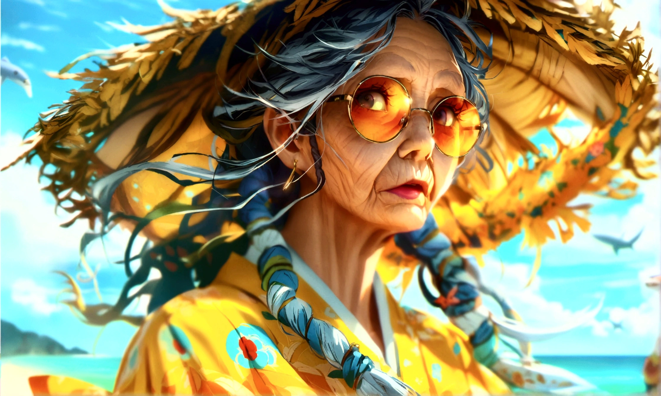 Old woman, long hair with dreadlocks, shark teeth, yellow beachwear, sunglasses, relaxed expression, beach background, "Anime character design inspired by One Piece, full of dramatic and impressive lighting, focus on the centralized character, impressive face, full of creative details, ultra-fine 4K design, scenery bathed in creativity, boasting 2D anime resolution clarity, HD anime graphics, high-octane rendering"