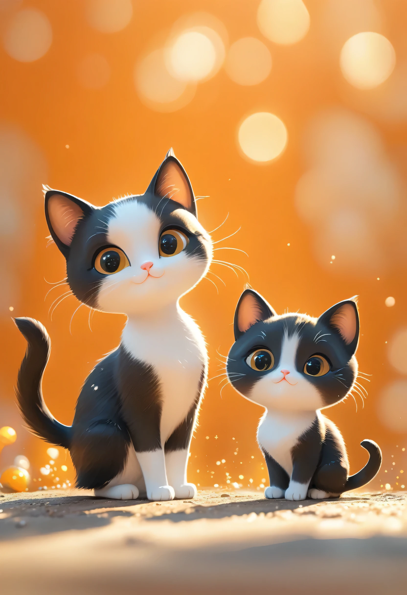 (masterpiece, Highest quality:1.2), Close-up of two cartoon cats on an orange background, Cute cats、Beautiful and detailed digital art, 4K High Resolution、Illustration wallpaper, Cute black cat、Blurred dream picture, 4K 、HD Wallpaper Illustration, Cute 3D rendering, Beautiful artistic illustration, 2D illustration, 2D illustration, Blurry dreamy illustration, Spectacular concept art. Bokeh、Depth of subject, 1qpnh1