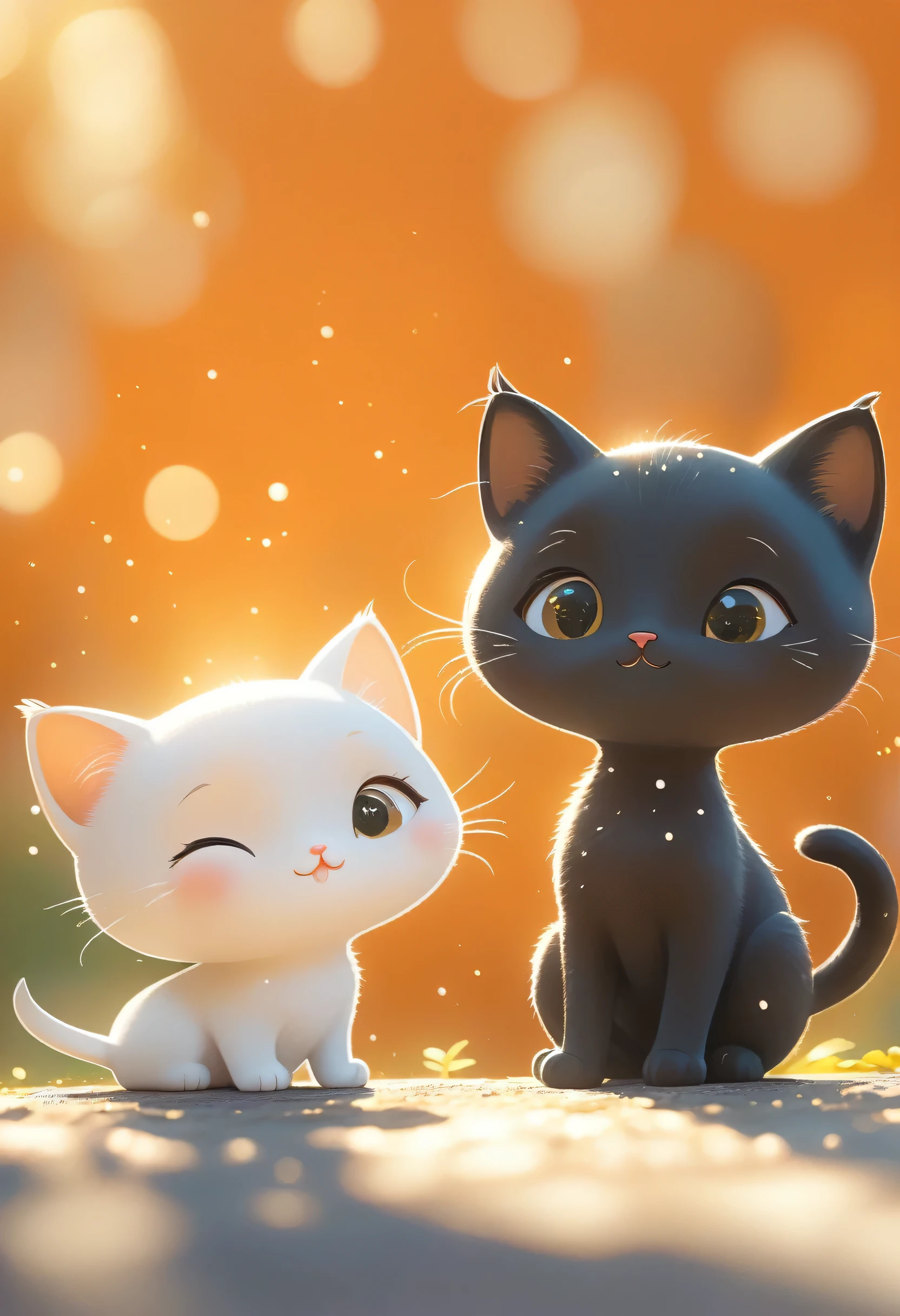 (masterpiece, Highest quality:1.2), Close-up of two cartoon cats on an orange background, Cute cats、Beautiful and detailed digital art, 4K High Resolution、Illustration wallpaper, Cute black cat、Blurred dream picture, 4K 、HD Wallpaper Illustration, Cute 3D rendering, Beautiful artistic illustration, 2D illustration, 2D illustration, Blurry dreamy illustration, Spectacular concept art. Bokeh、Depth of subject, 1qpnh1