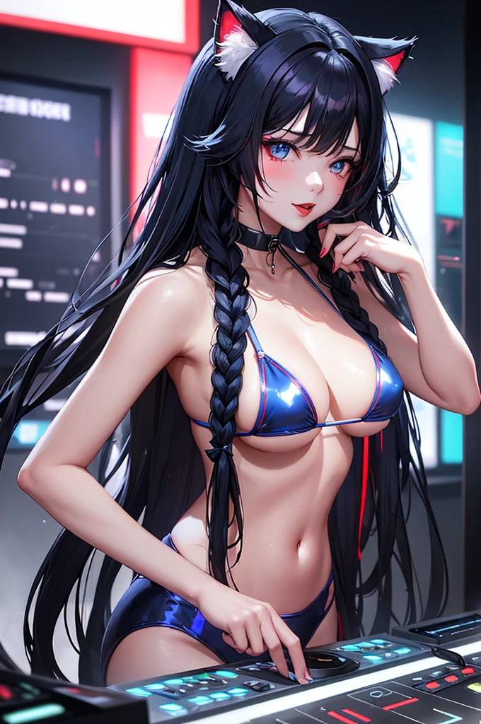 Detailed facial details，girl,Red lips，Cat ear，Black long hair，Large Breasts，Collar，Radiant Skin，Wearing a blue and white bikini，在俱乐部做 DJ 的girl，Cyberpunk, White and blue gradient braided long hair flashing lights, Neon holographic transparent office sitting next to DJ equipment，Glass